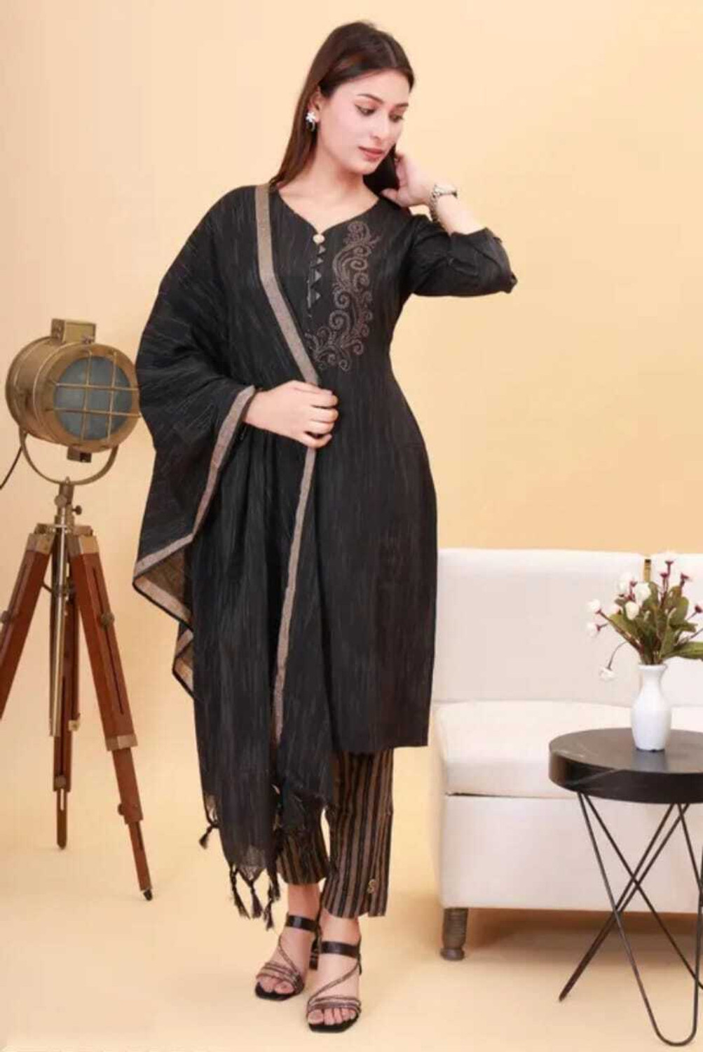 Image of FABRIC FETCHTEXTILES Fashion Striped Kurta, Trouser /Pant & Dupatta Set