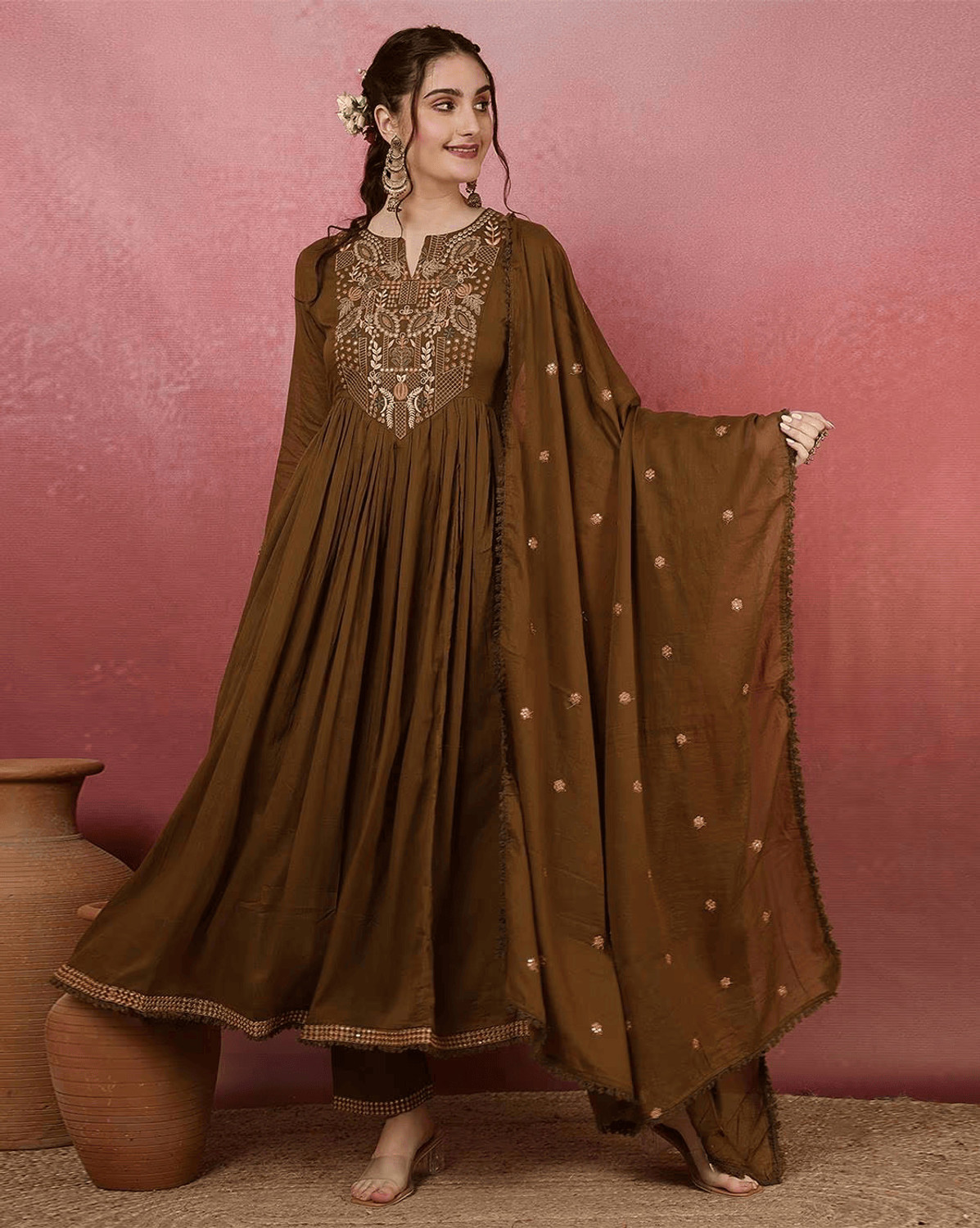 Image of AARADHAYA FASHION Embroidered Anarkali Kurta, Bottom & Dupatta Set