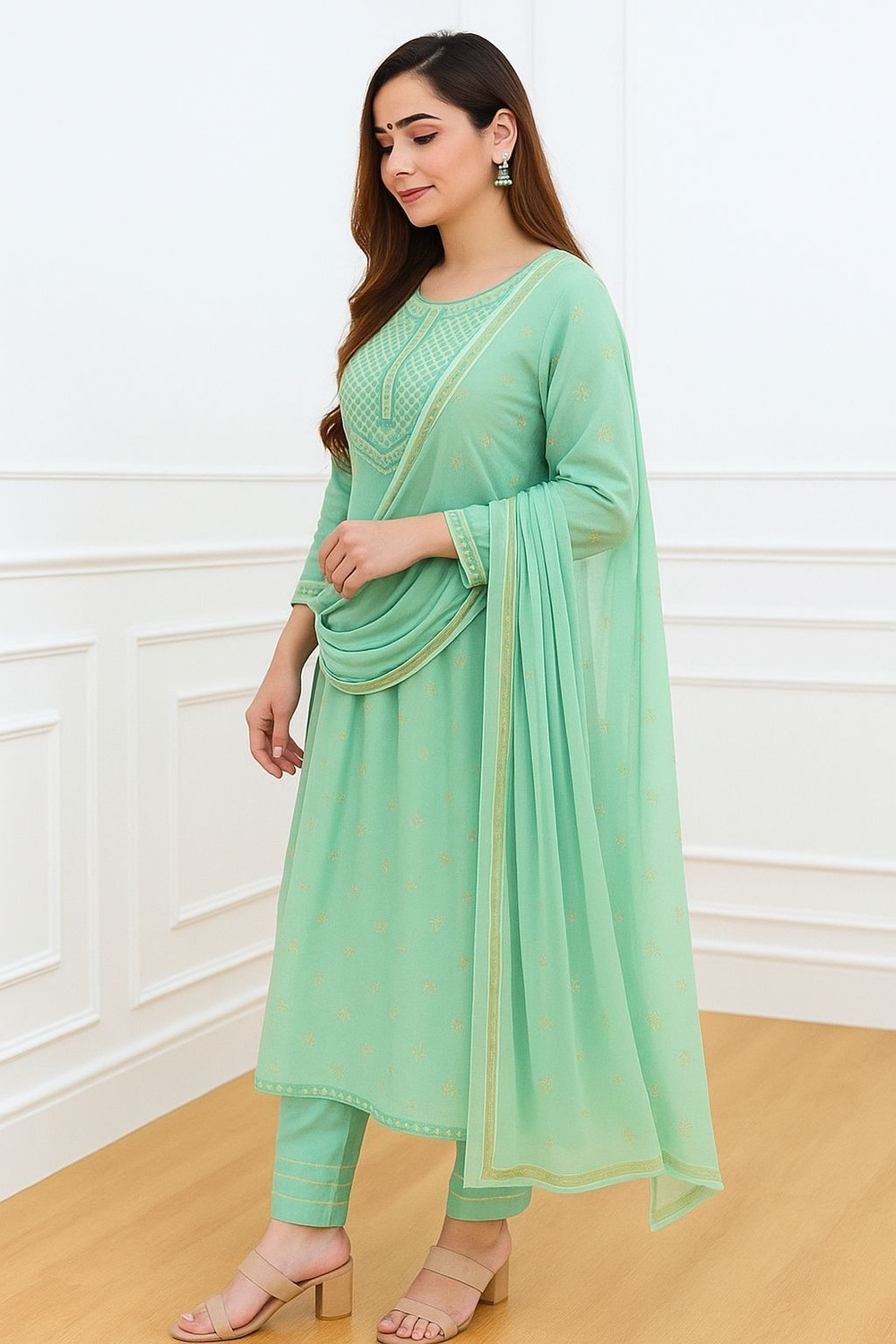 Image of Aimca Embroidered Kurta, Trouser /Pant & Dupatta Set