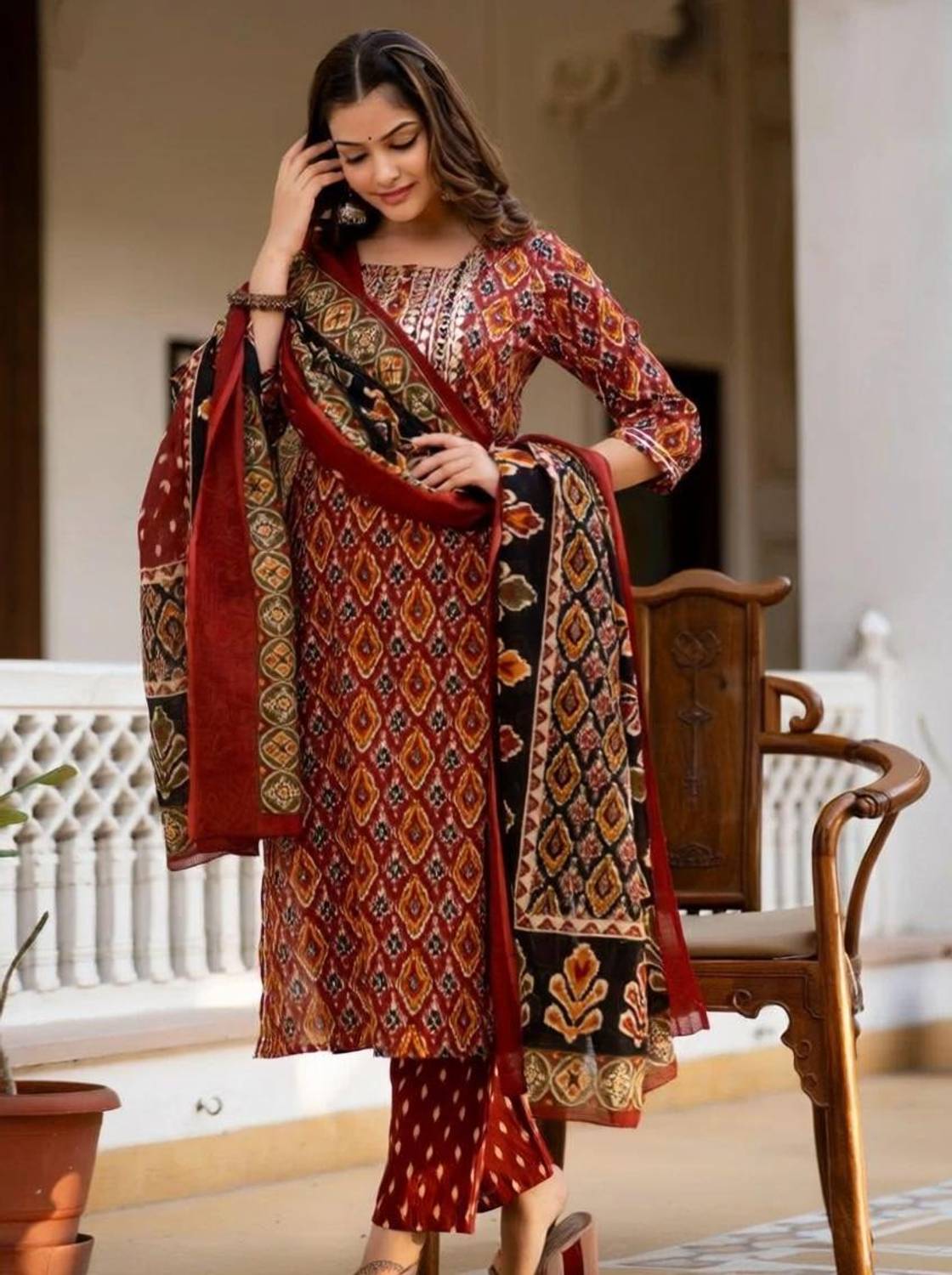 badodiya's Embroidered Kurta, Palazzo & Dupatta Set