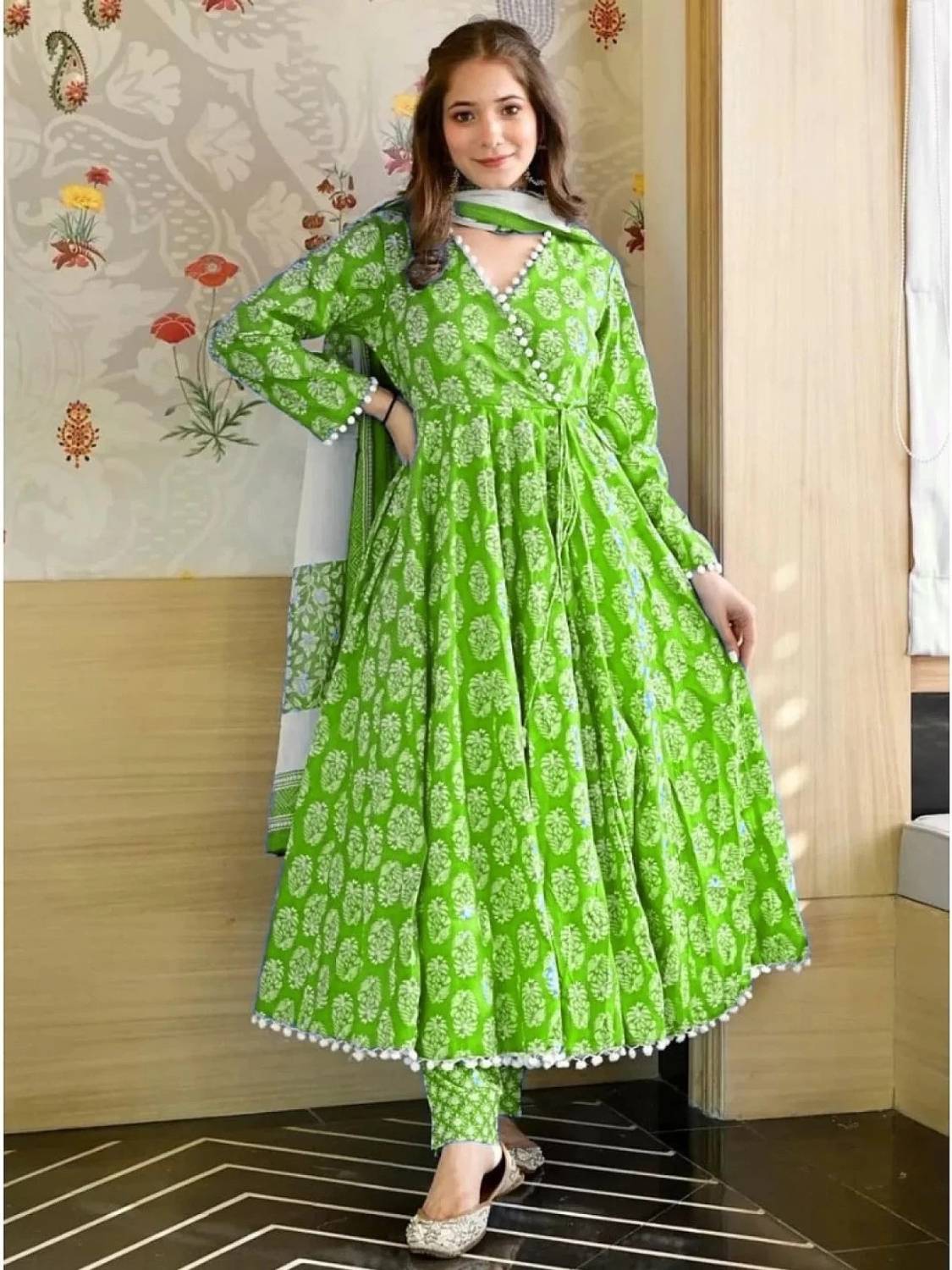 Aarohi Women Printed Viscose Rayon Anarkali Kurta With Attached D