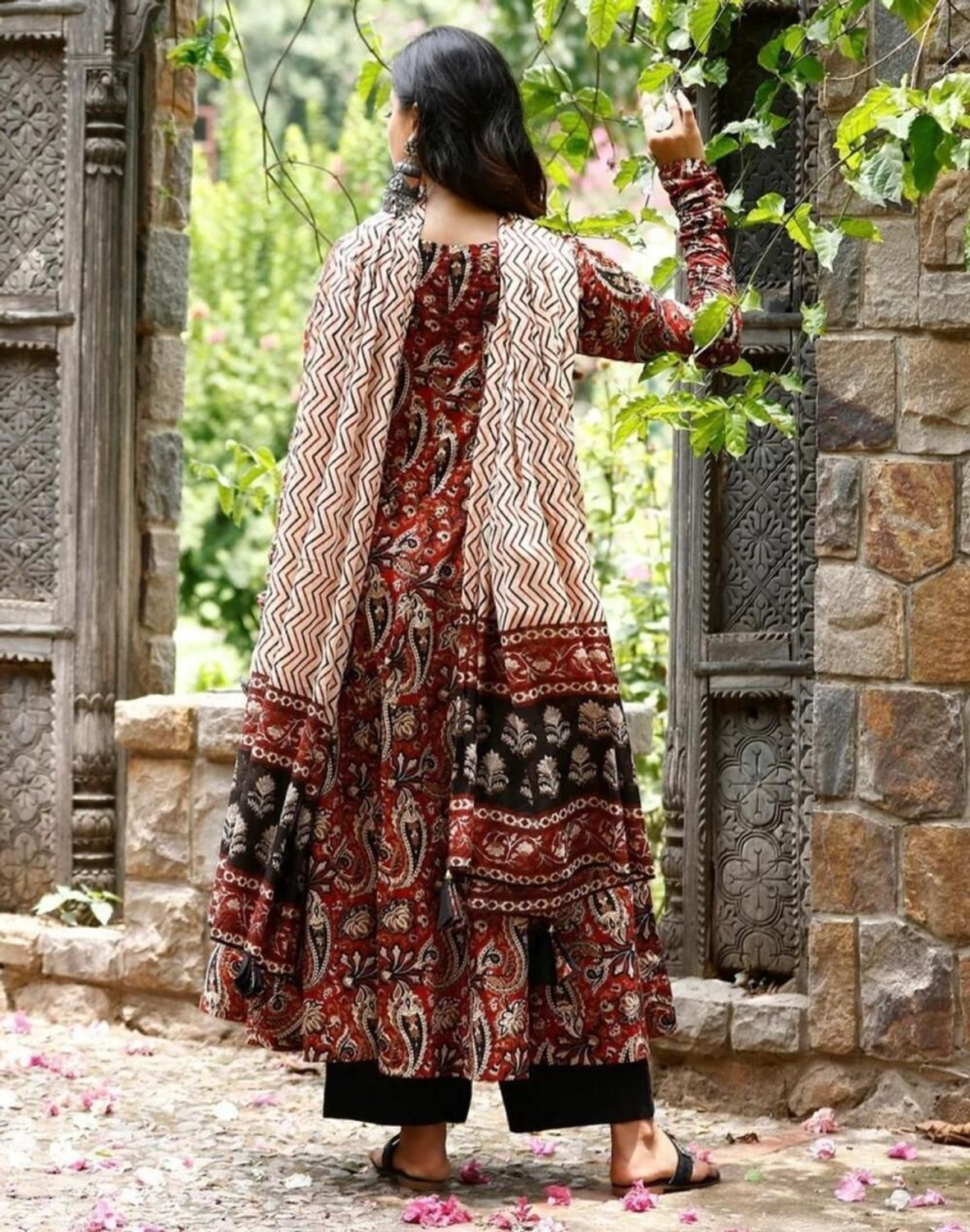 Image of WEARISM Printed Anarkali Kurta, Bottom & Dupatta Set