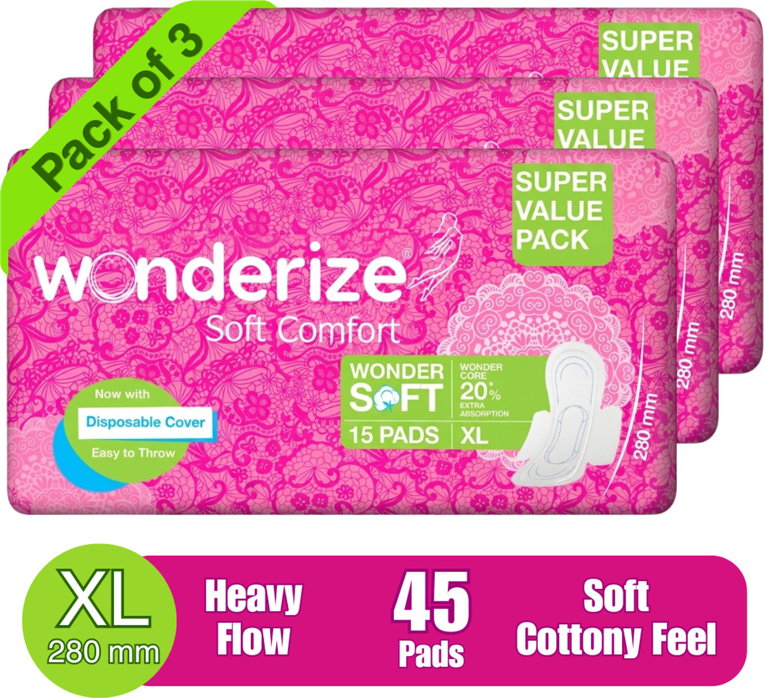 Image of Wonderize Soft Comfort XL Sanitary Napkin 45 Pads Combo of 3 With Disposable Pouch Sanitary Pad