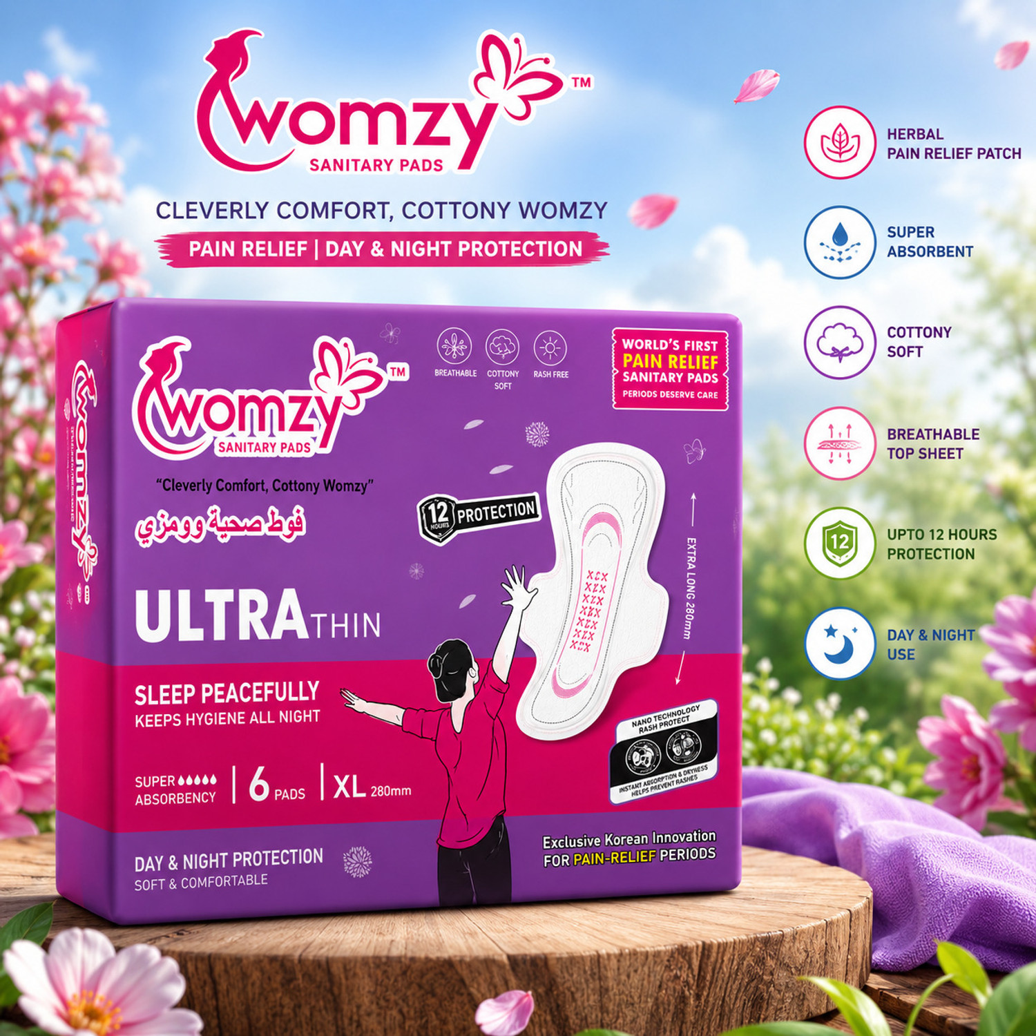Image of Womzy Pain Relief Sanitary Pads |Ultra Thin XL|280 mm|Pack of 6|Day & Night Protection Sanitary Pad