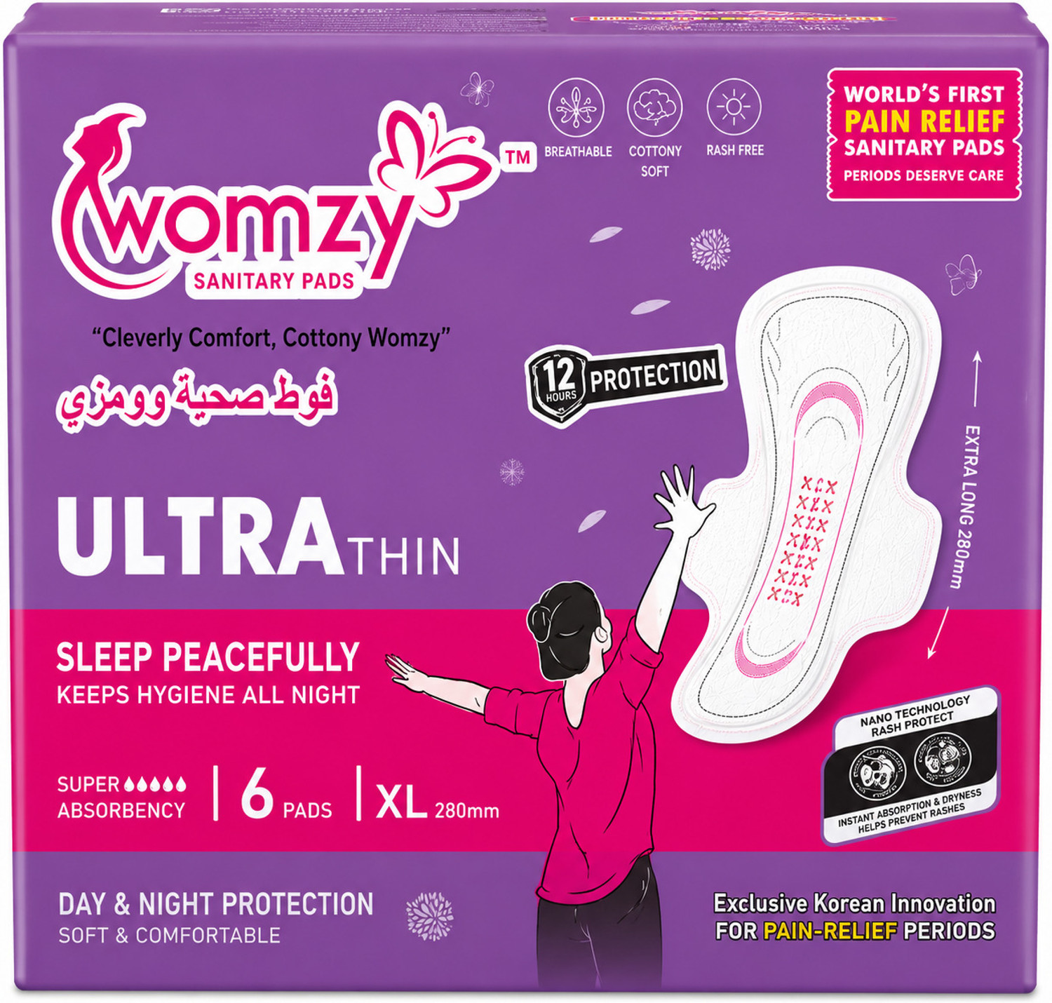 Image of Womzy Pain Relief Sanitary Pads |Ultra Thin XL|280 mm|Pack of 6|Day & Night Protection Sanitary Pad