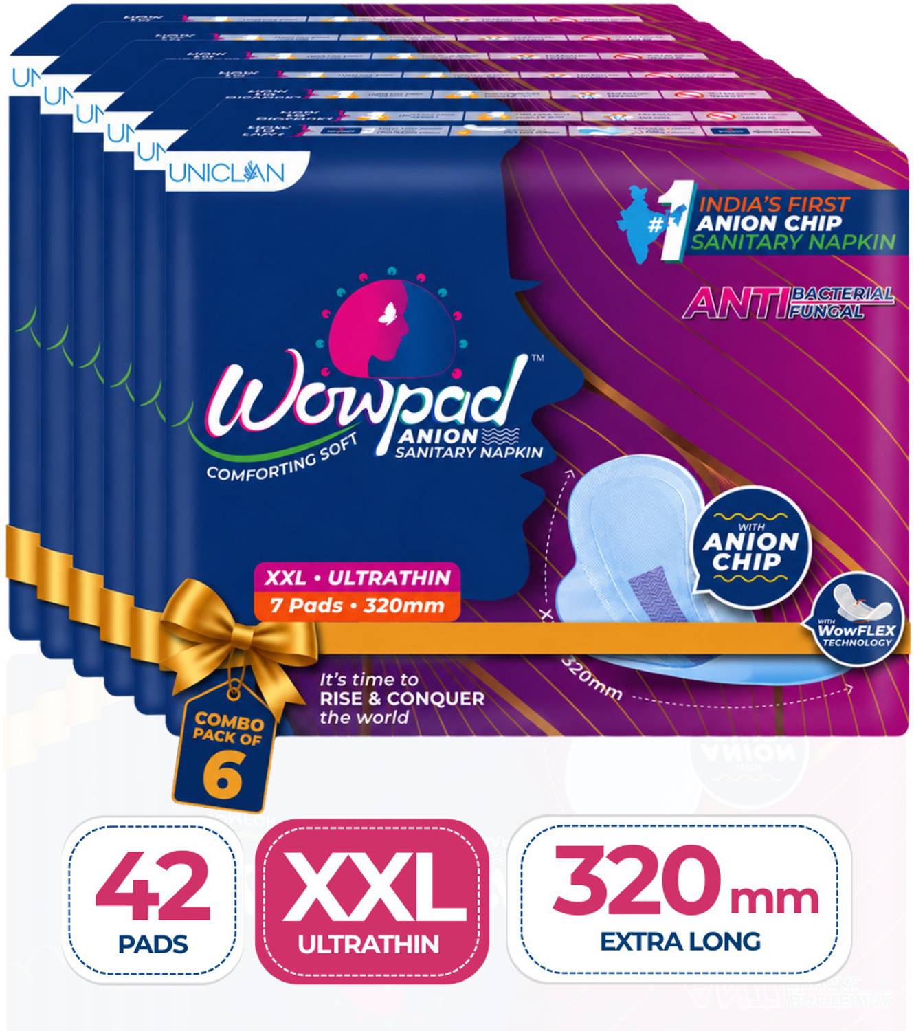 Wowpad Ultra Thin with Anion Chip, Super Absorbent & Leak-Proof for Heavy Flow | XXL Sanitary Pad