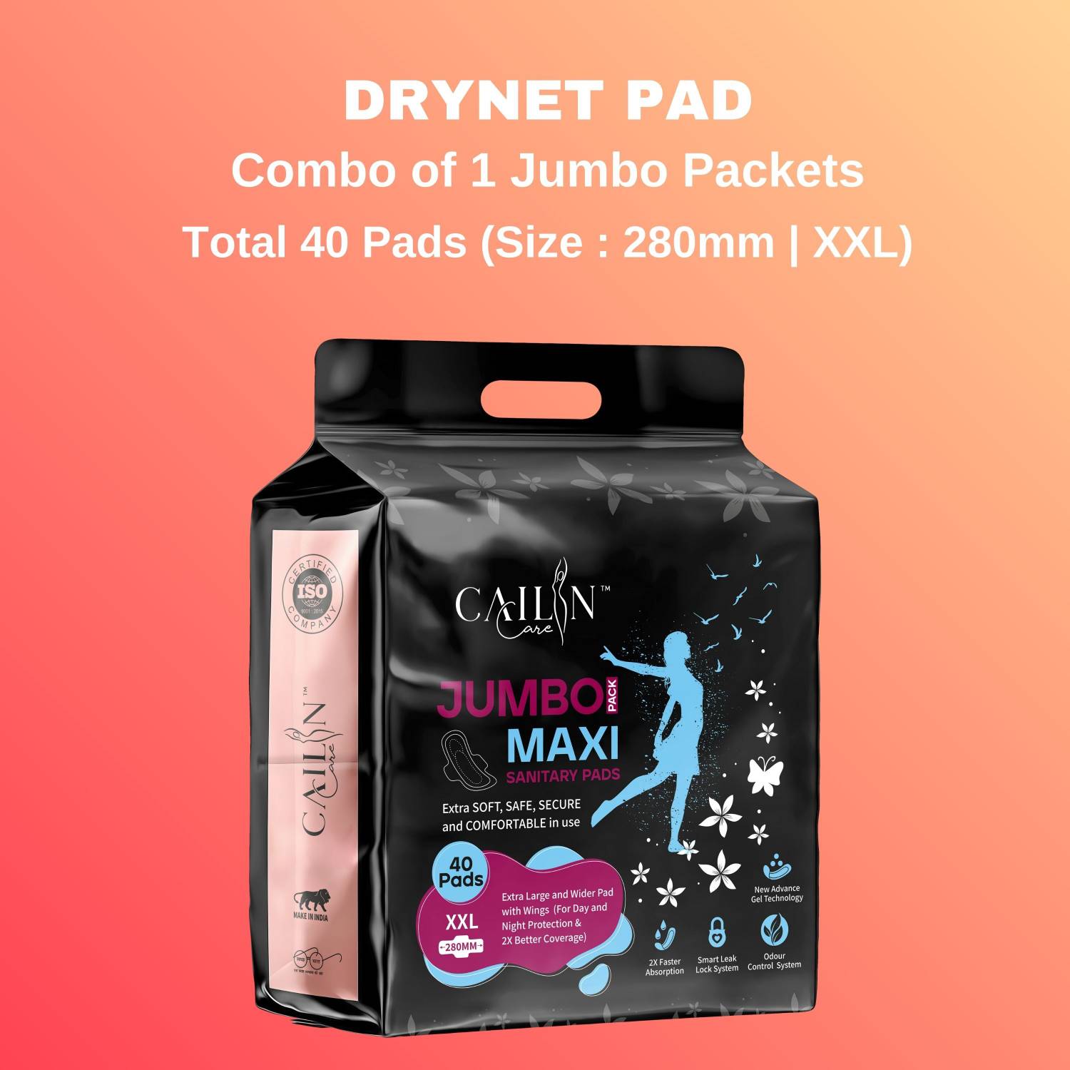 Cailin Care Soft & Comfort, Instant Dry, Long Time Protection Pads (Size - XXL|280mm) Sanitary Pad