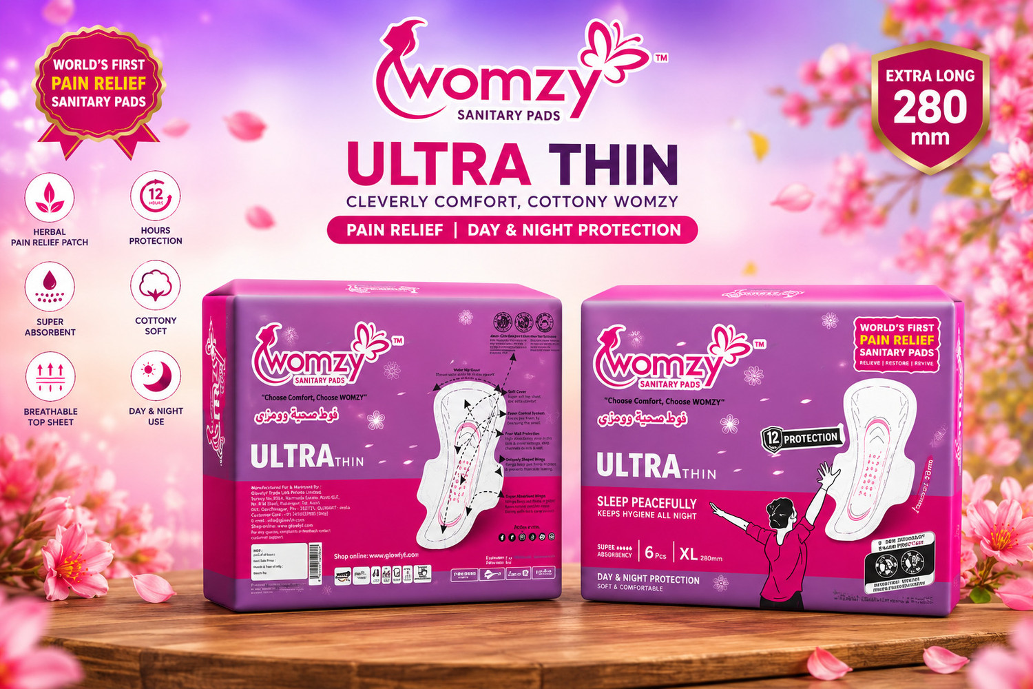 Image of Womzy Pain Relief Sanitary Pads |Ultra Thin XL|280 mm|Pack of 6|Day & Night Protection Sanitary Pad