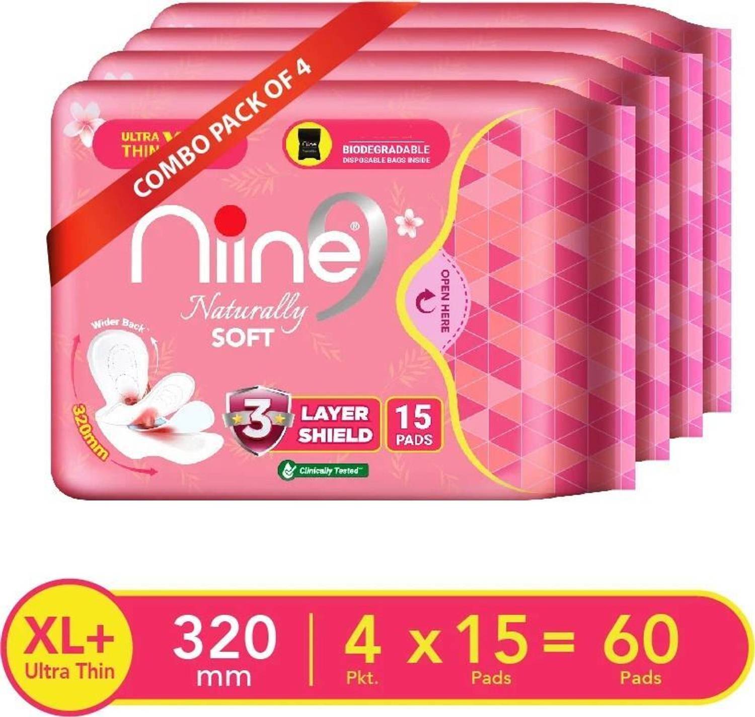 niine Naturally Soft Ultra Thin XL+ Super Saver with Disposable Bags for Heavy Flow Sanitary Pad