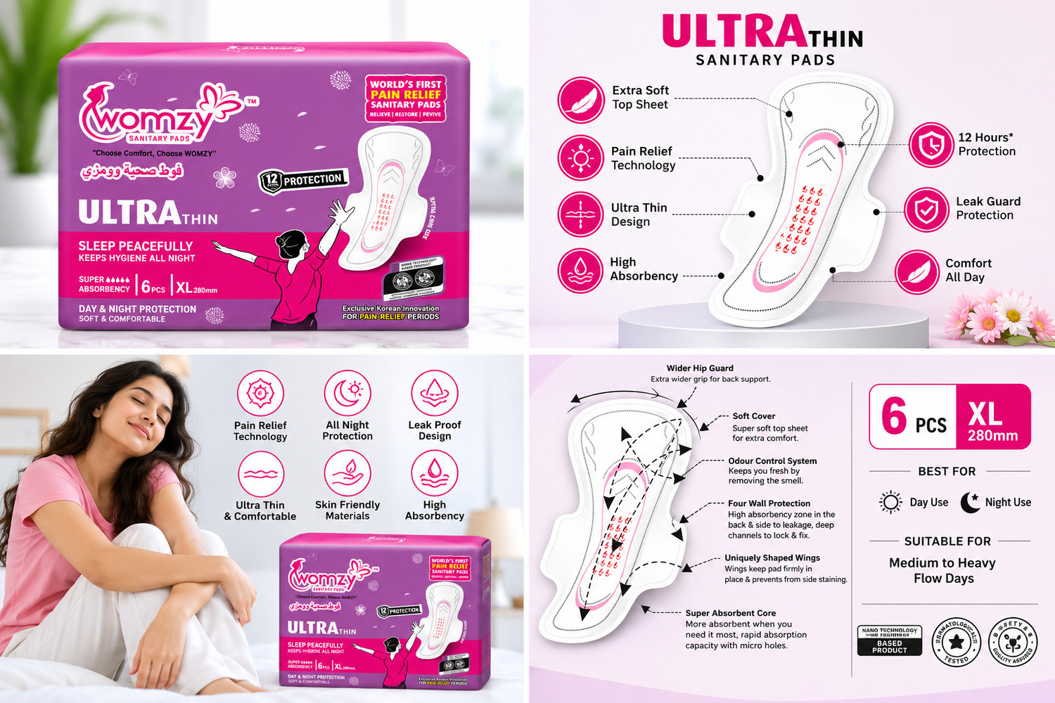 Image of Womzy Pain Relief Sanitary Pads |Ultra Thin XL|280 mm|Pack of 6|Day & Night Protection Sanitary Pad
