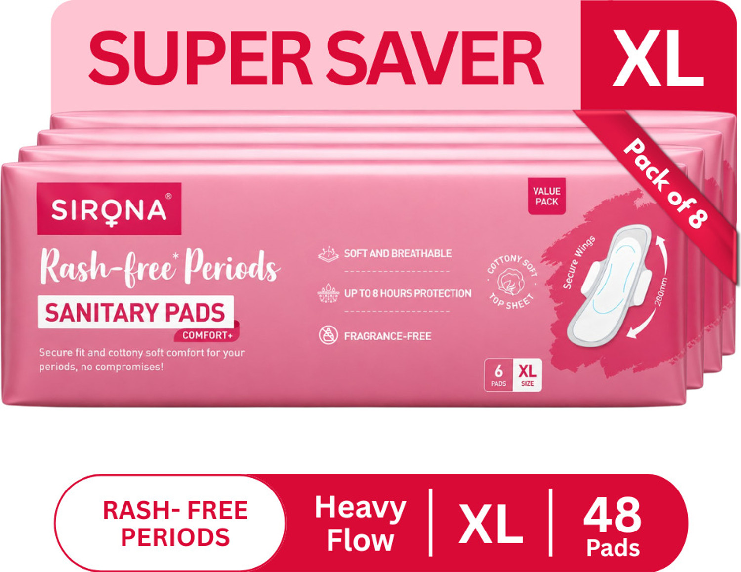 Image of SIRONA Rash-Free Cottony Soft | For Heavy Flow & Leak Protection | Super Saver Pack-XL Sanitary Pad