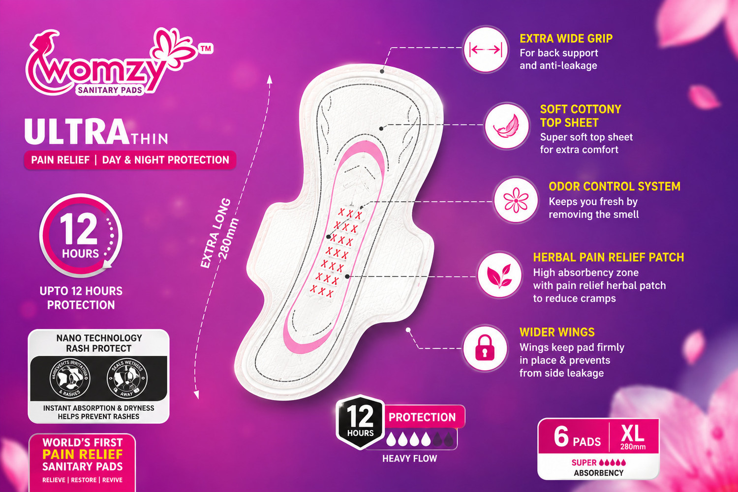 Image of Womzy Pain Relief Sanitary Pads |Ultra Thin XL|280 mm|Pack of 6|Day & Night Protection Sanitary Pad
