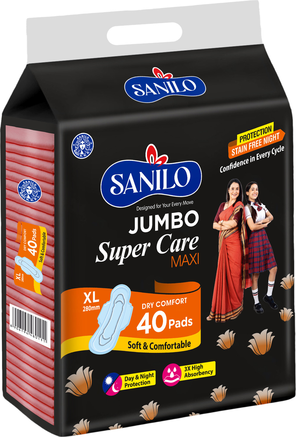 Image of SANILO Jumbo Super Care Maxi Trifold 100% Leak Free, Anti-Rash 280mm XL Size Sanitary Pad