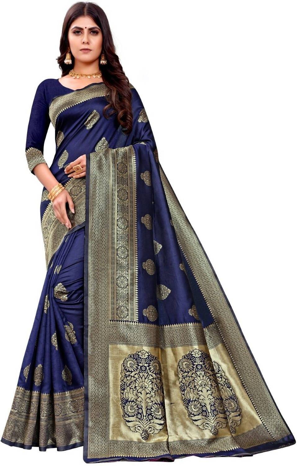 TIGERSNAKE Woven Kasavu Silk Blend Saree (Dark Blue)