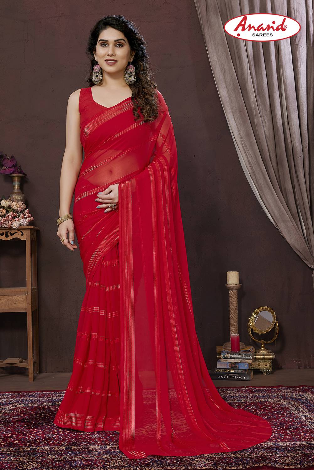 Anand Sarees Embellished, Striped, Self Design Bollywood Satin Sa