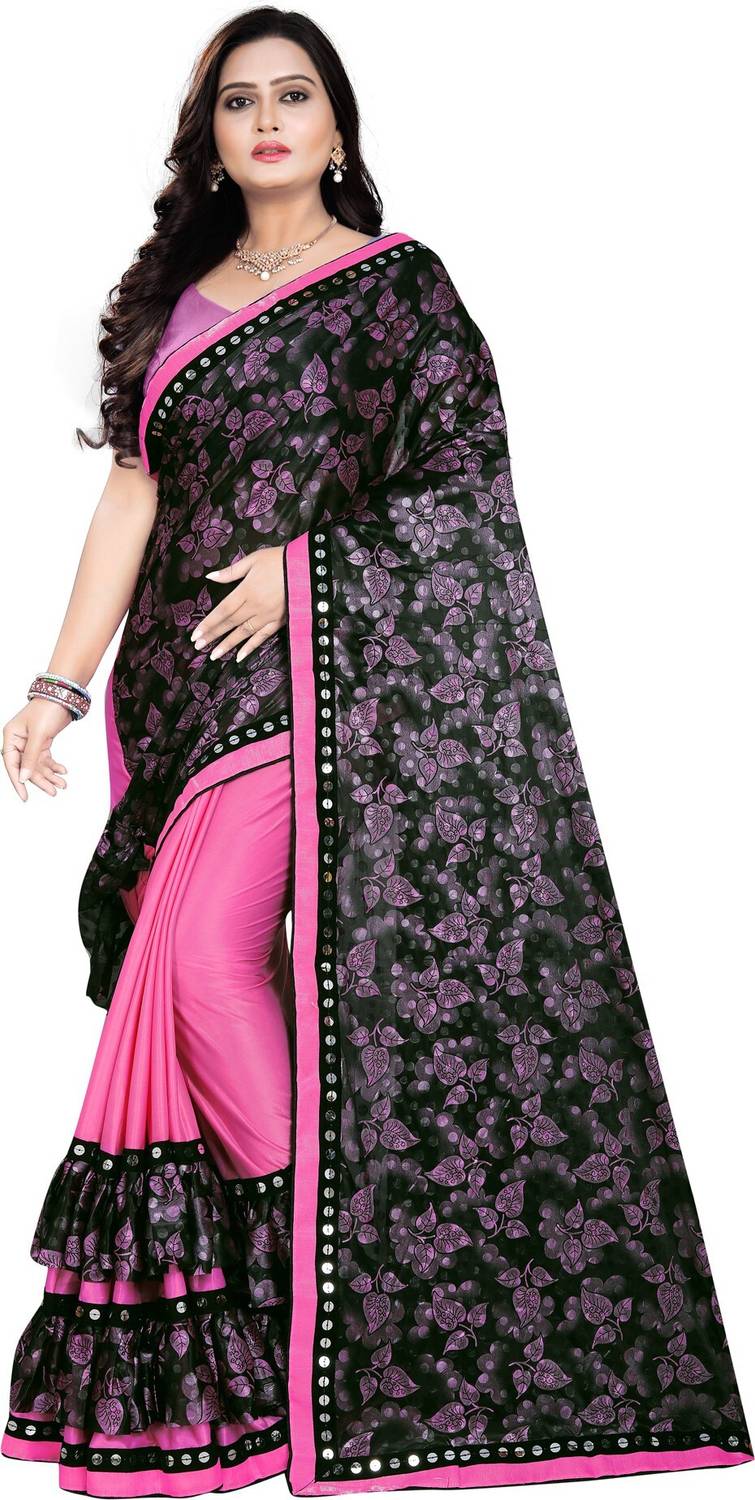 3Buddy Fashion Floral Print Bollywood Lycra Blend Saree (Pink)