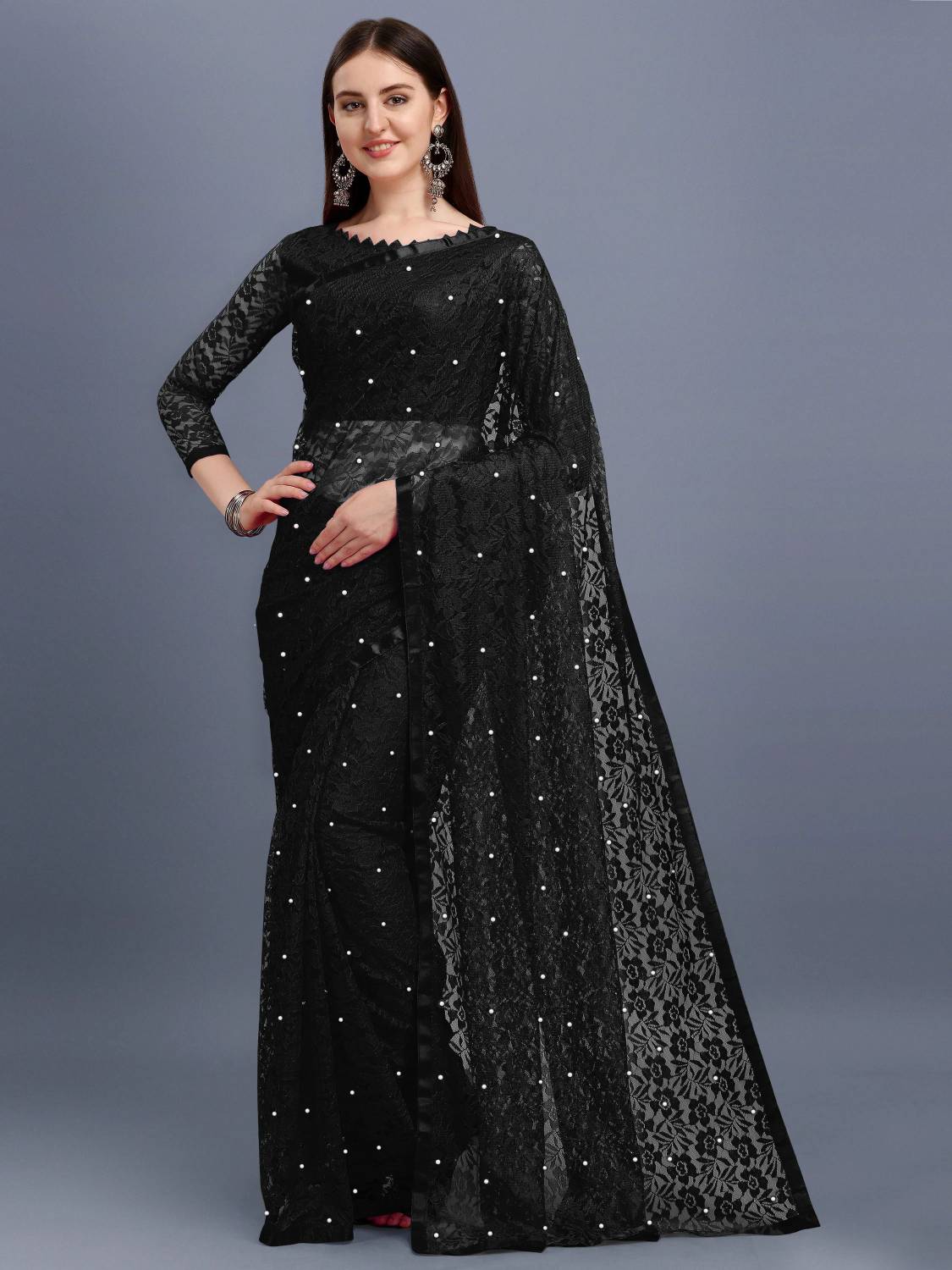 LOROFY Self Design Bollywood Net Saree (Black)