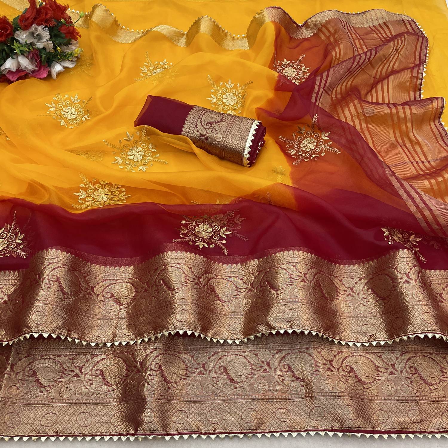 Pemal Designer Color Block Bollywood Organza Saree