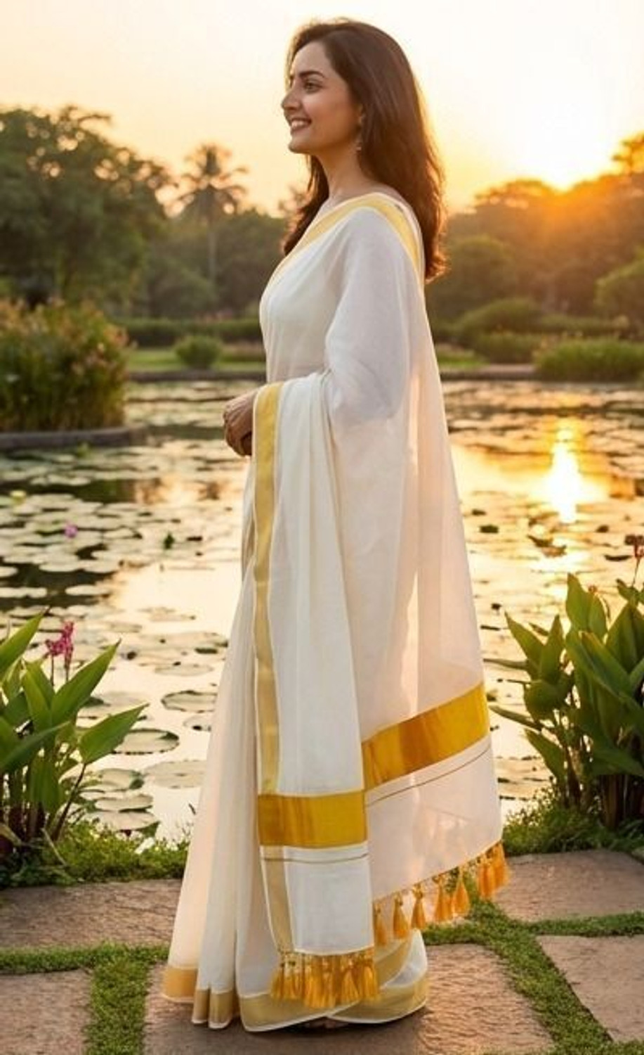 Image of Gugaliya Woven, Solid /Plain Kasavu Handloom Pure Cotton Saree