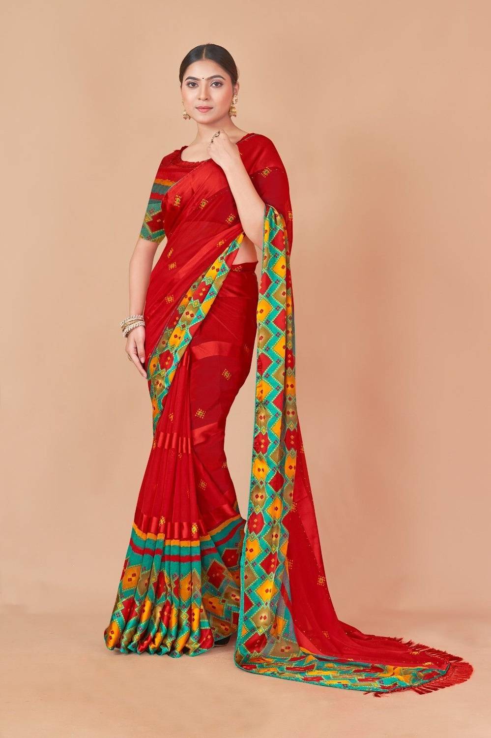 Nandita designer Printed Leheria Satin Saree (Red)