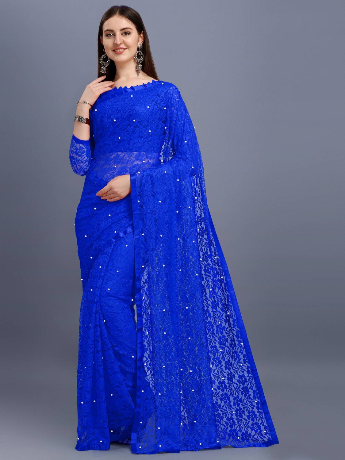 LOROFY Self Design Bollywood Net Saree (Blue)
