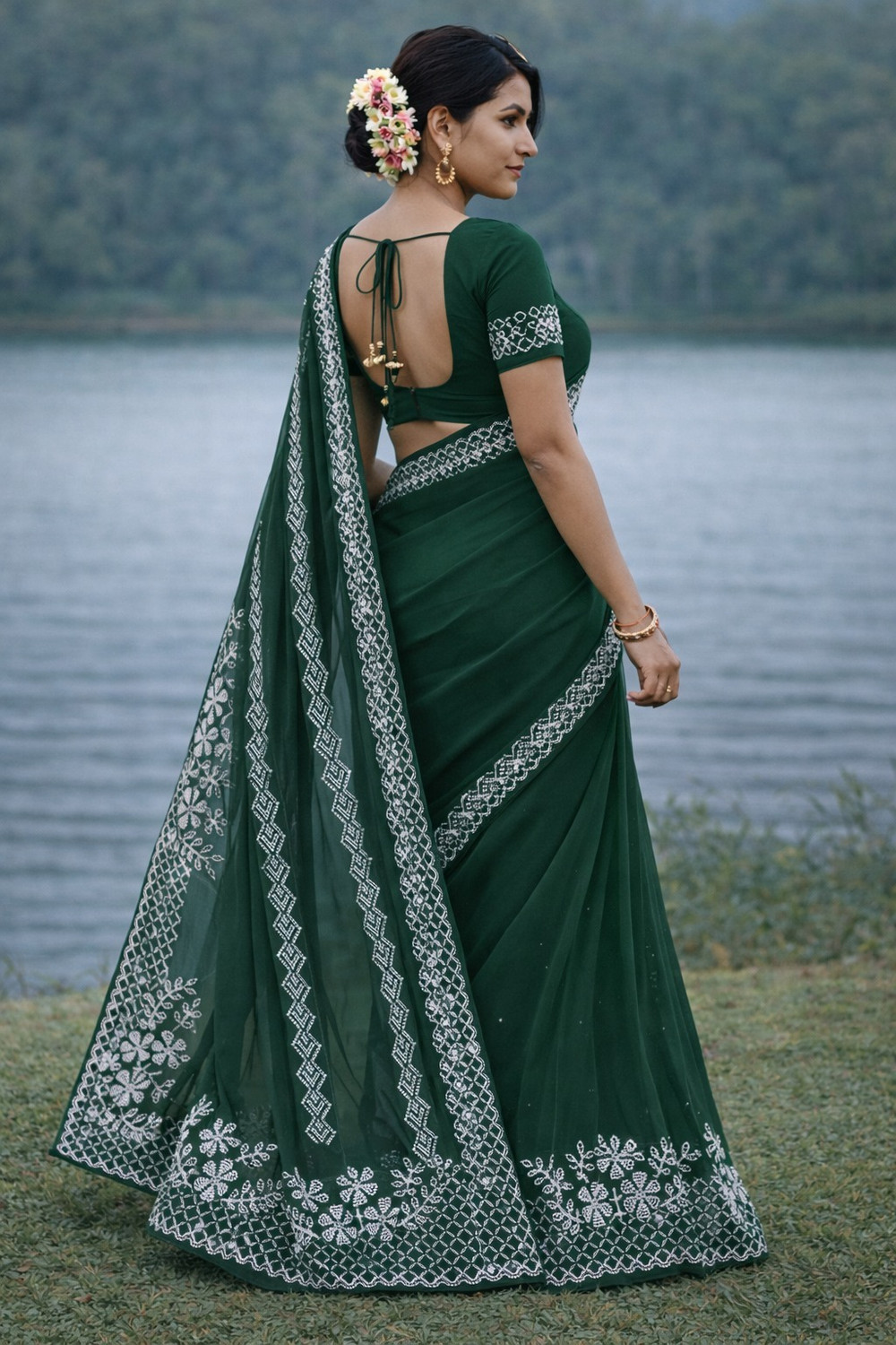 Image of labhuba Embellished, Floral Print Bollywood Chiffon Saree