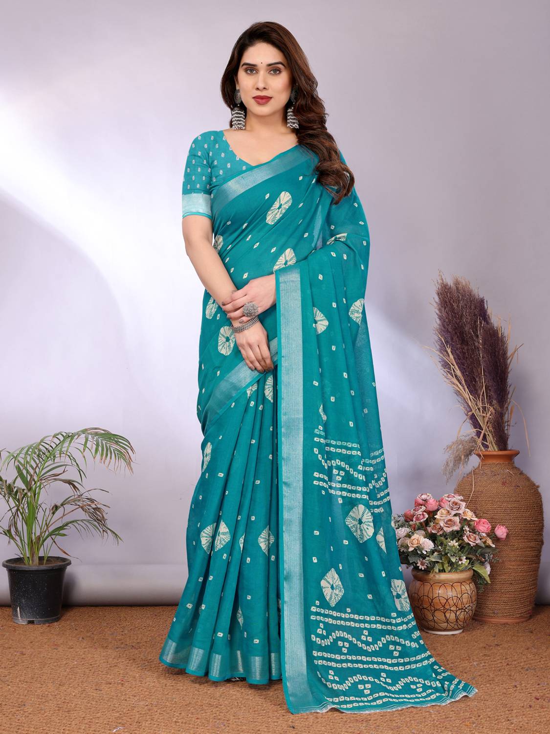 Bandhanivilla Printed Bandhani Cotton Linen Saree