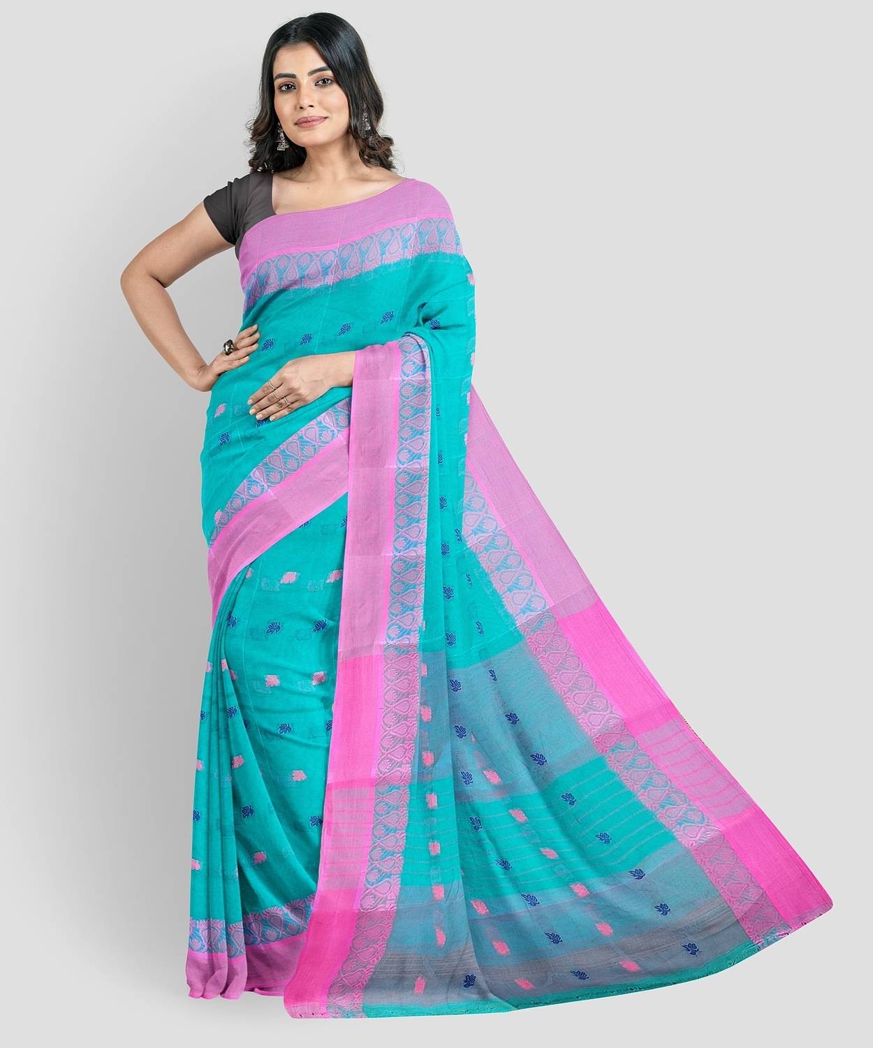 Aishani tant saree ghar Printed Tant Pure Cotton Saree (Light Blu