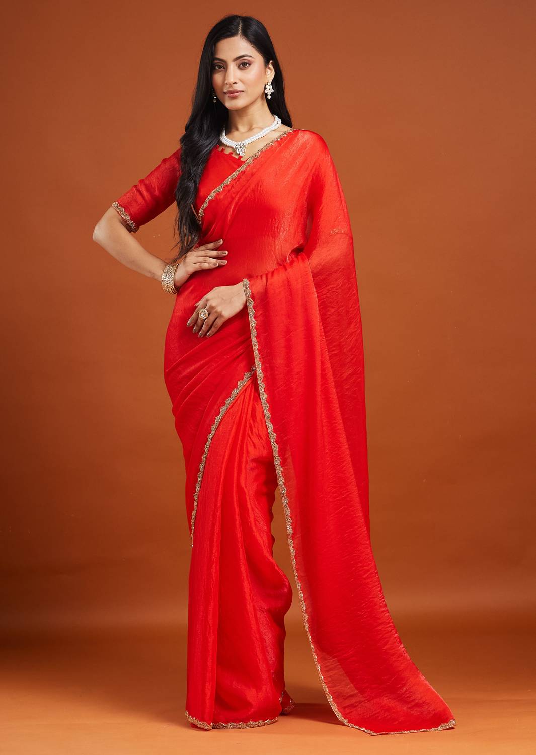 LOROFY Solid/Plain Bollywood Tissue, Silk Blend Saree