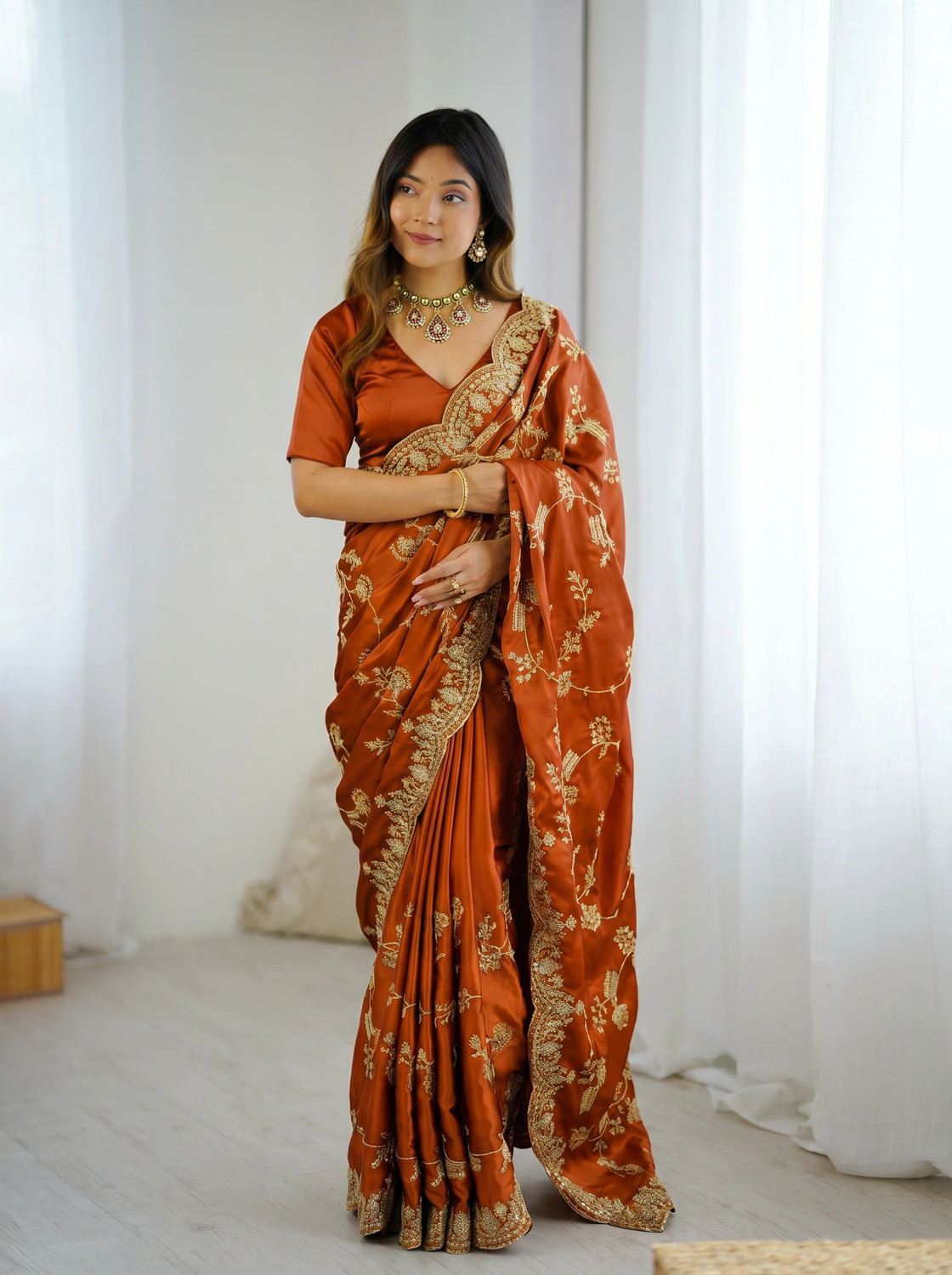 Image of SARETRA MALL Embroidered Bollywood Satin Saree