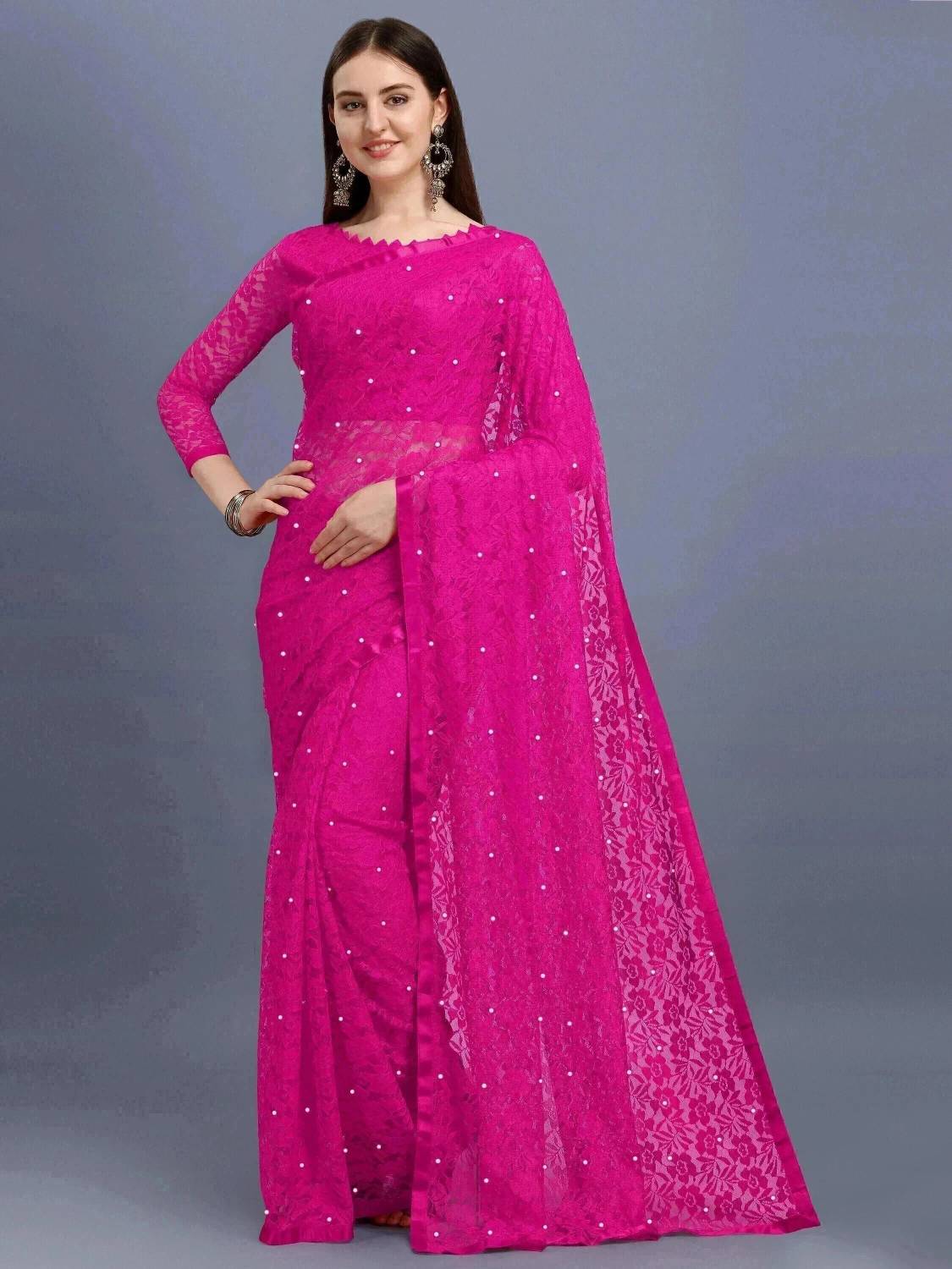 LOROFY Self Design Bollywood Net Saree (Pink)