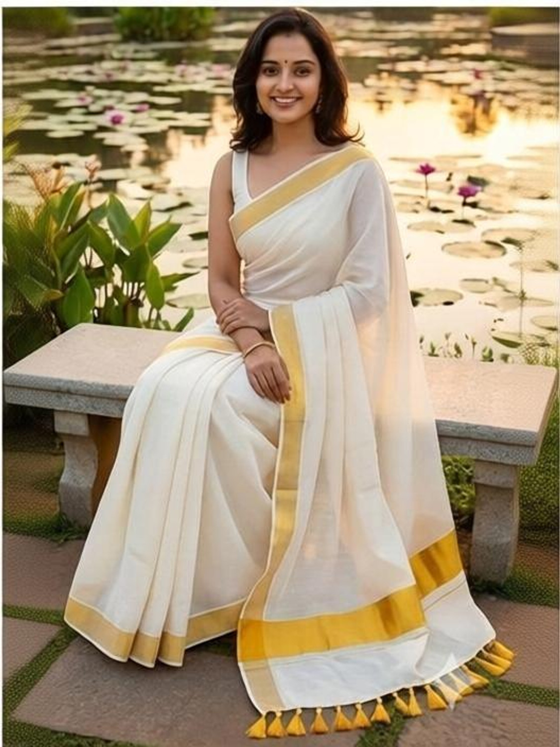 Image of Gugaliya Woven, Solid /Plain Kasavu Handloom Pure Cotton Saree