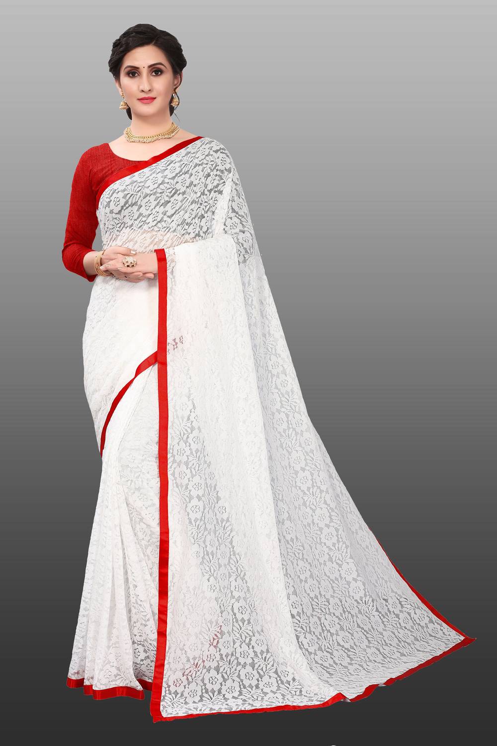 LOROFY Self Design Bollywood Net Saree (White)