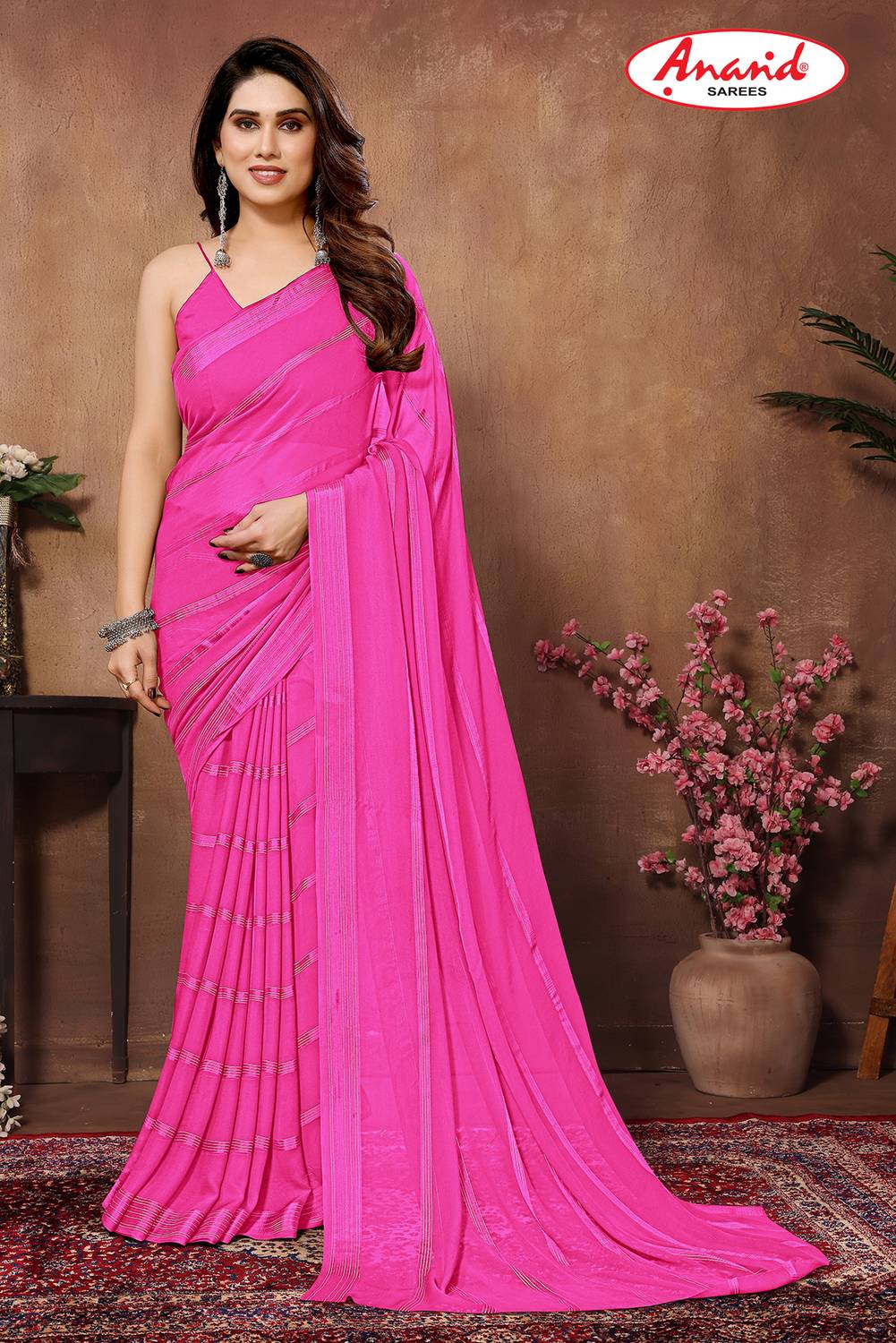 Anand Sarees Embellished, Striped, Self Design Bollywood Satin Sa
