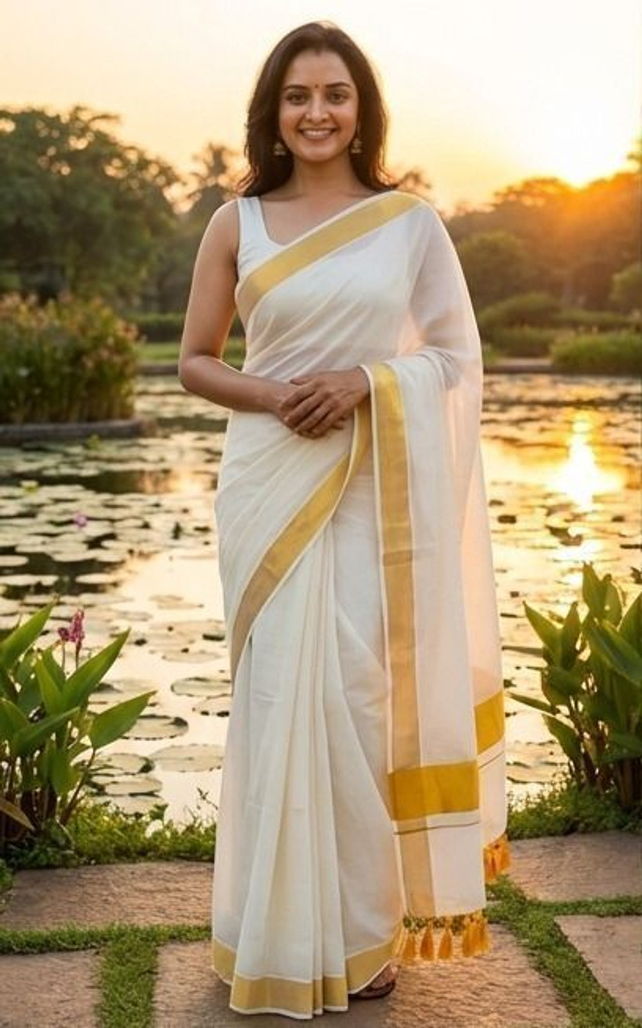 Image of Gugaliya Woven, Solid /Plain Kasavu Handloom Pure Cotton Saree