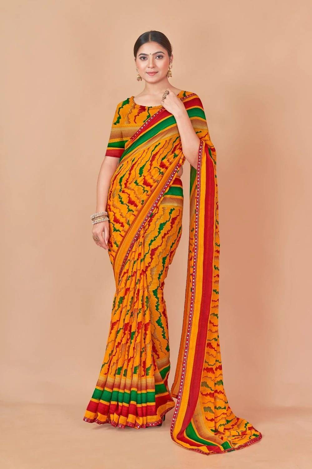 Nandita designer Printed Bandhani Chiffon Saree (Yellow)