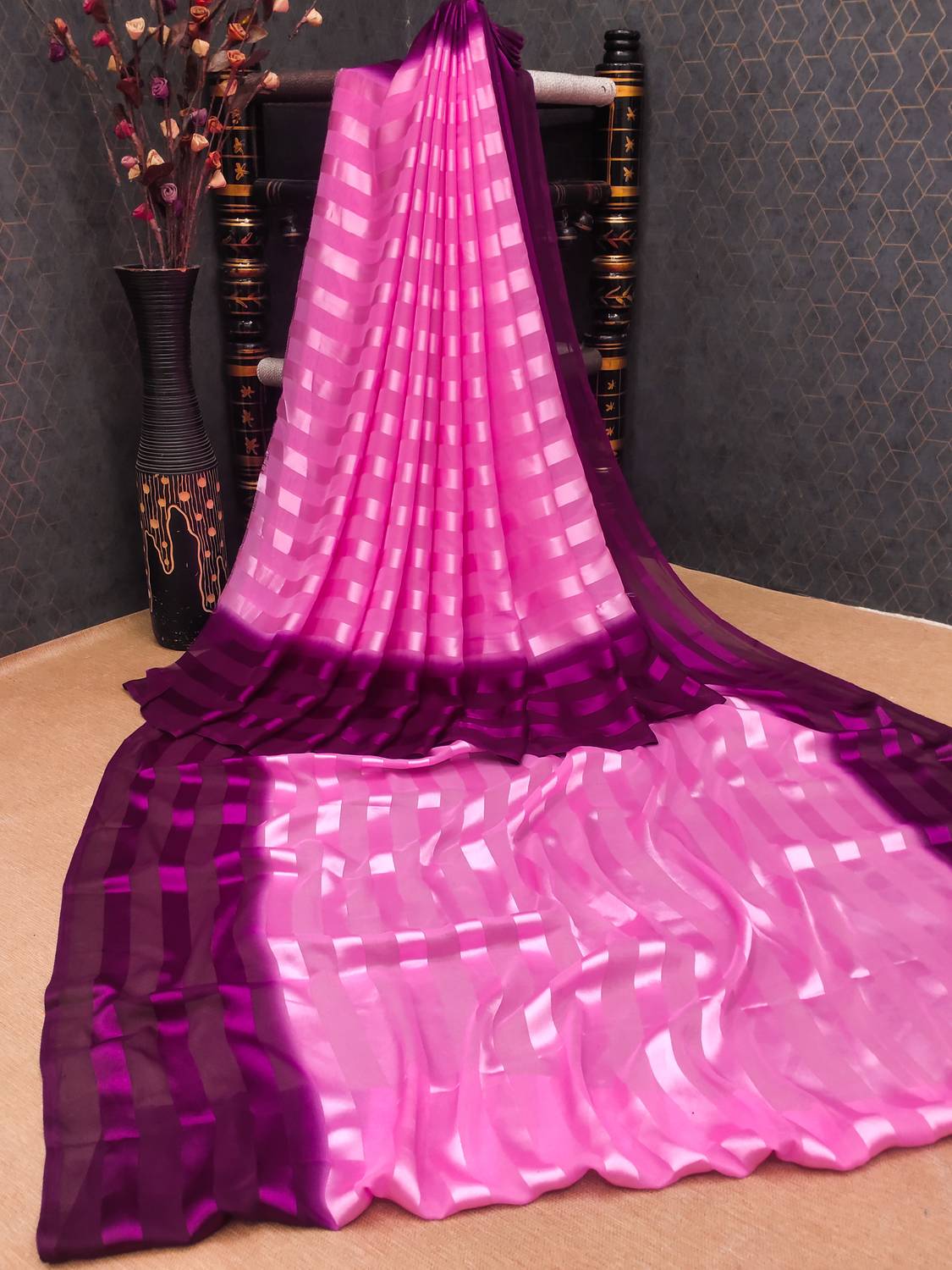 Anand Sarees Ombre, Striped, Self Design Bollywood Satin Saree