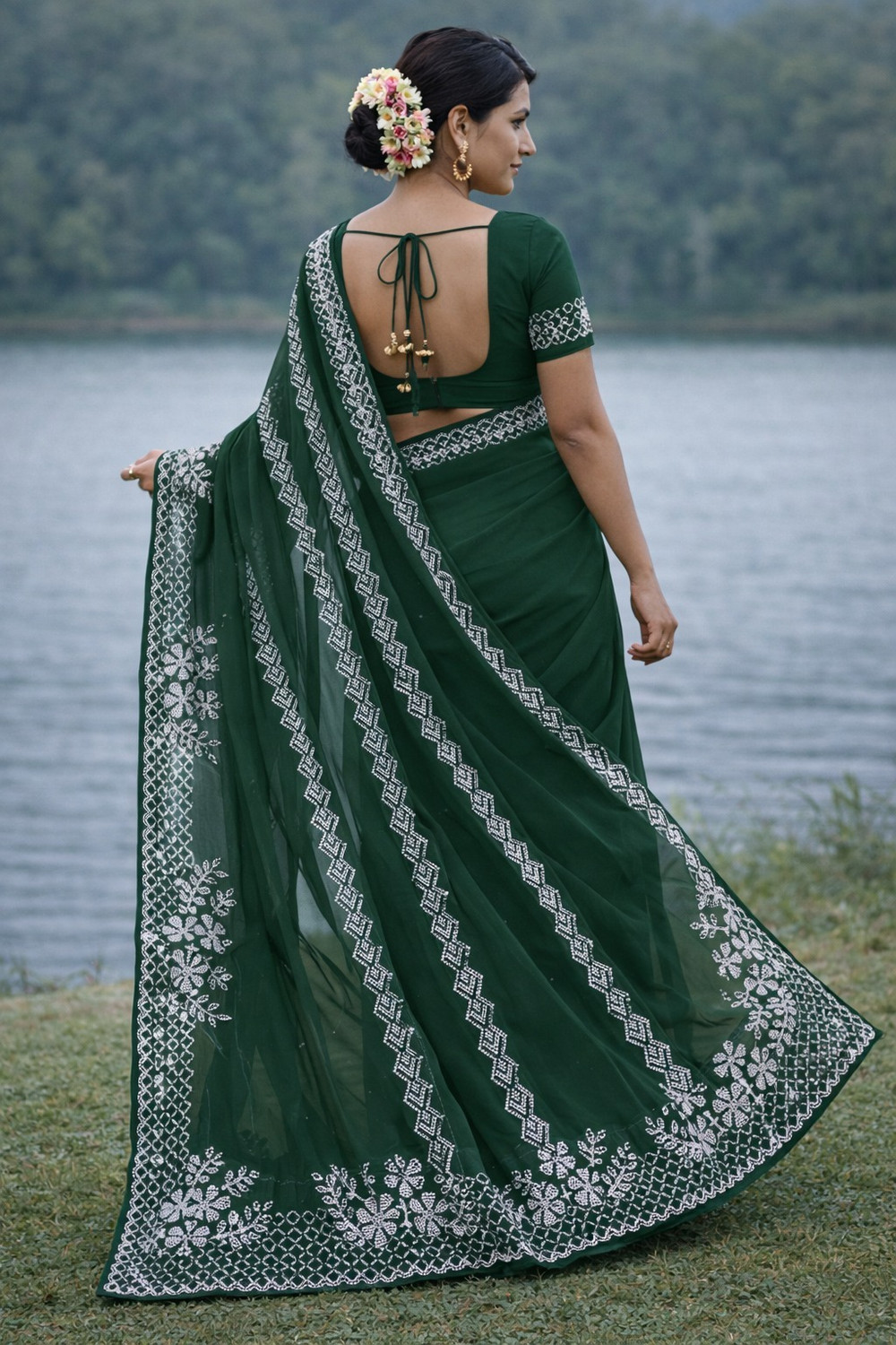 Image of labhuba Embellished, Floral Print Bollywood Chiffon Saree