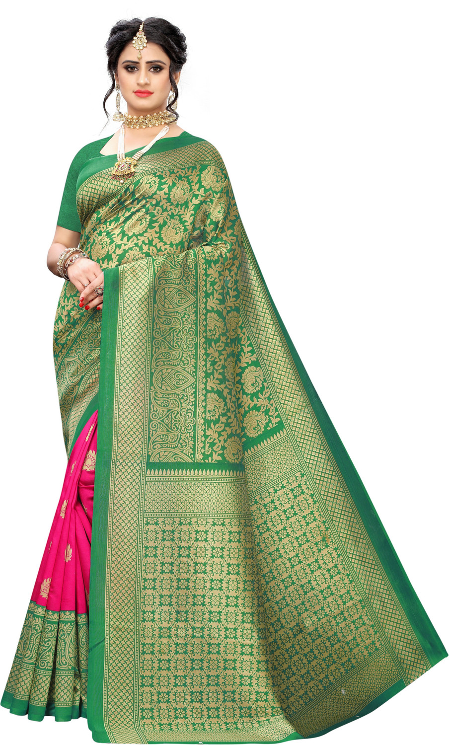 Image of ShopGlobal Printed Mysore Art Silk Saree with Unstitched Blouse