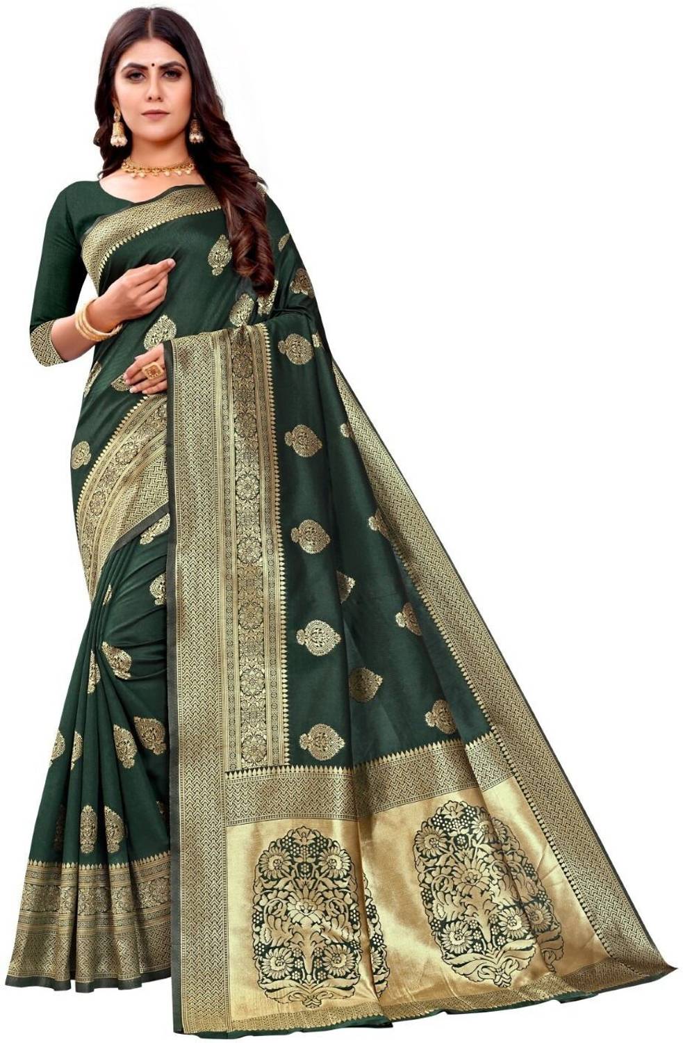 TIGERSNAKE Woven Kasavu Silk Blend Saree (Dark Green)