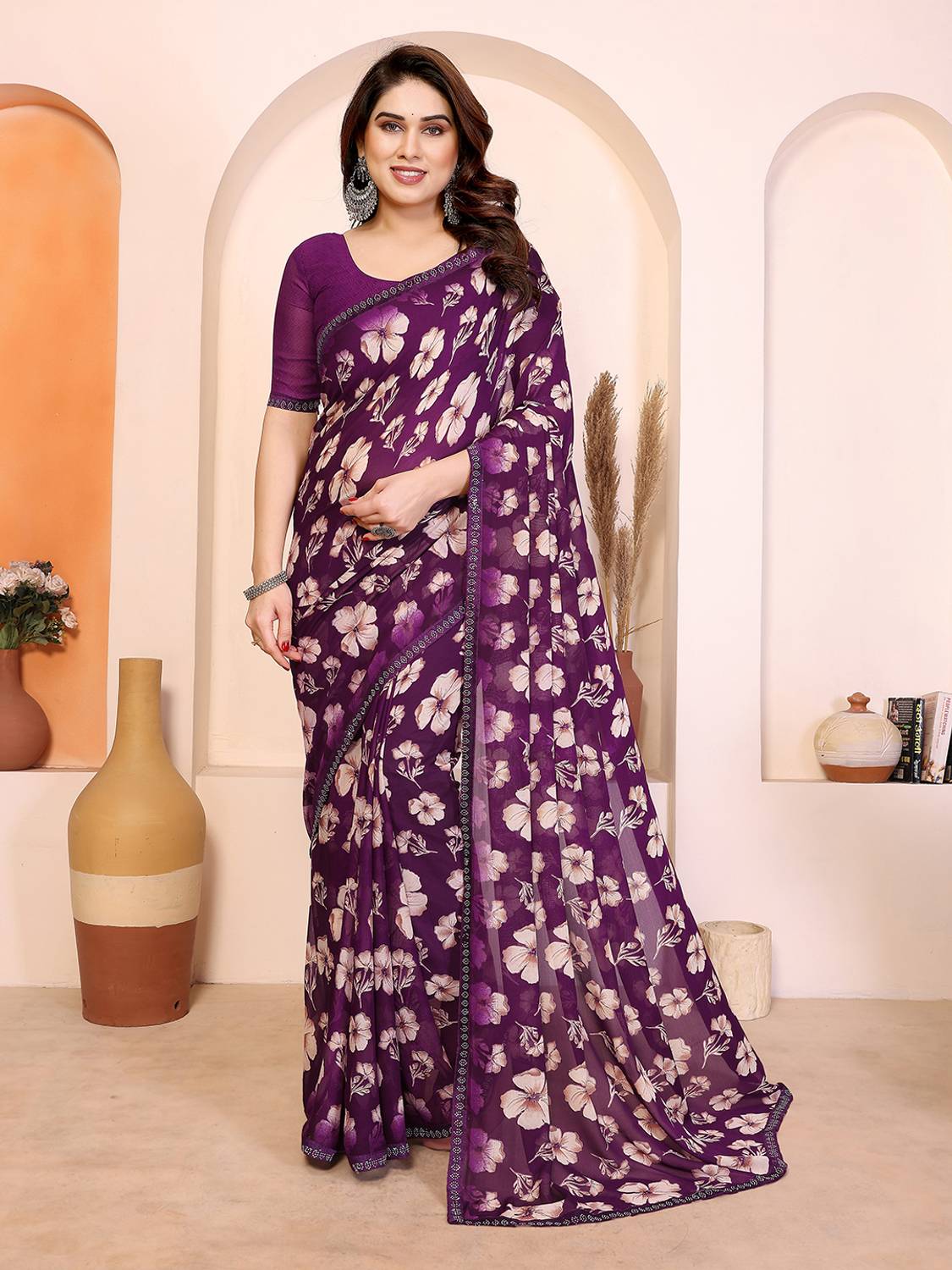 Anand Sarees Embellished, Floral Print Bollywood Georgette Saree