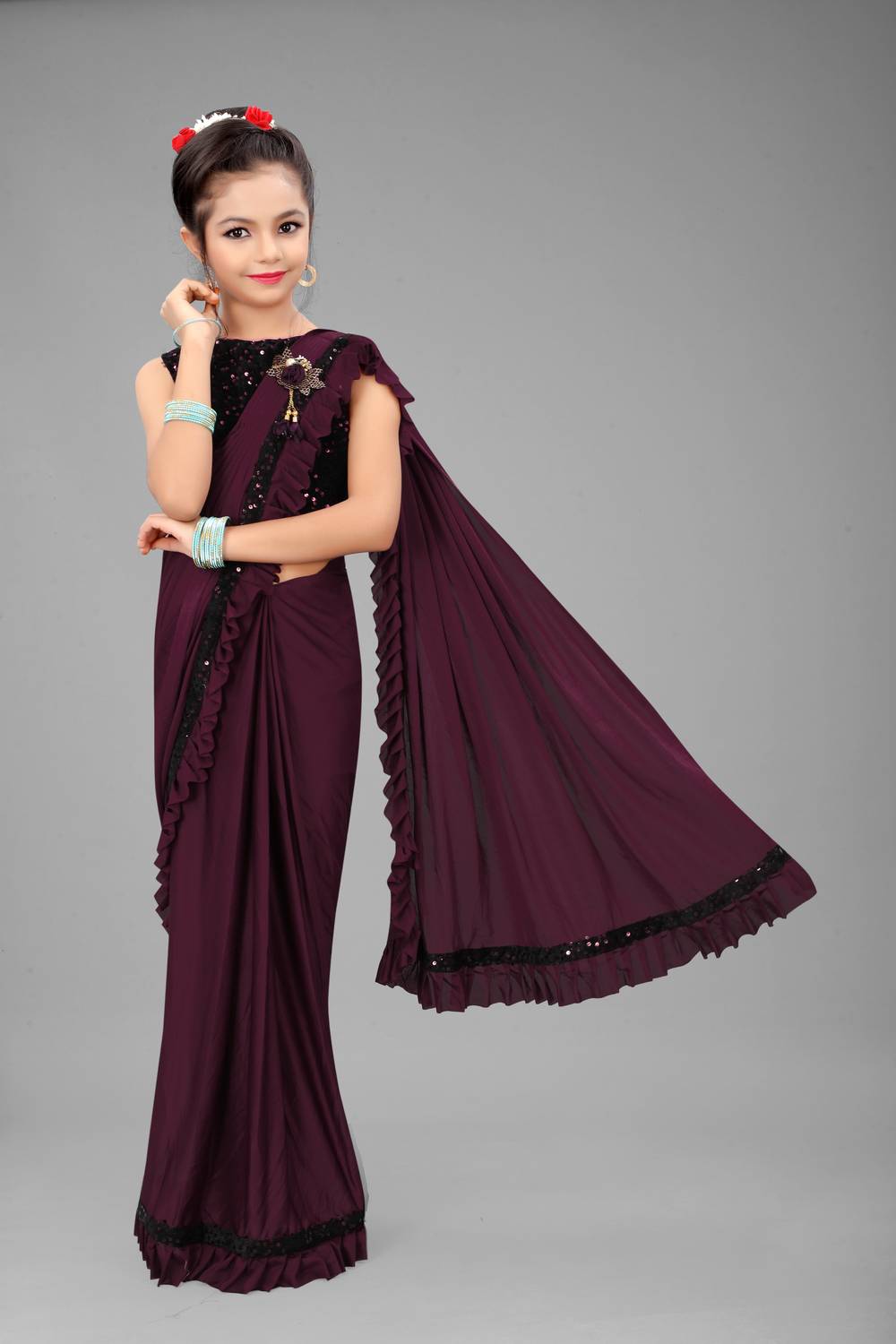 VRAJ TEX FAB Embellished Bollywood Lycra Blend Saree (Magenta)