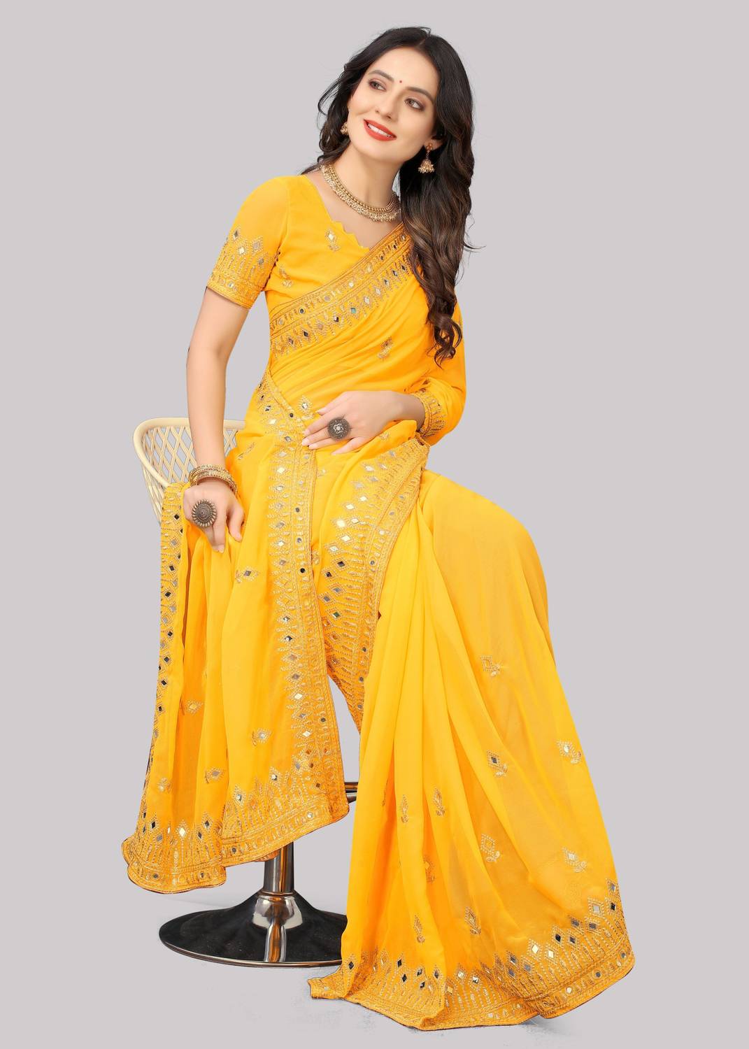 ROSYQUEEN Self Design, Embroidered Banarasi Georgette Saree (Yell