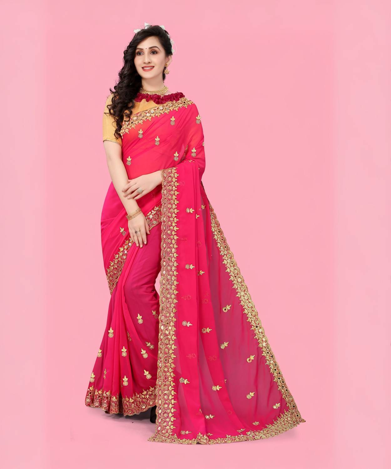 NETRA BOUTIQUE Embroidered Bollywood Georgette Saree (Pink)