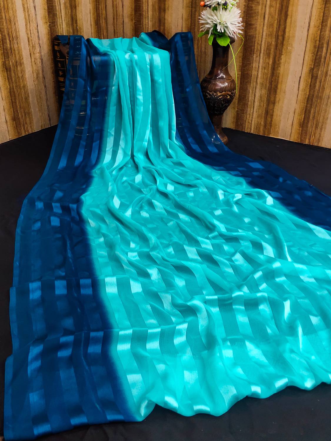 Anand Sarees Ombre, Striped, Self Design Bollywood Satin Saree