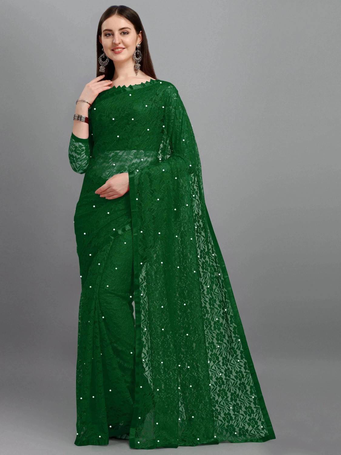 LOROFY Self Design Bollywood Net Saree (Green)