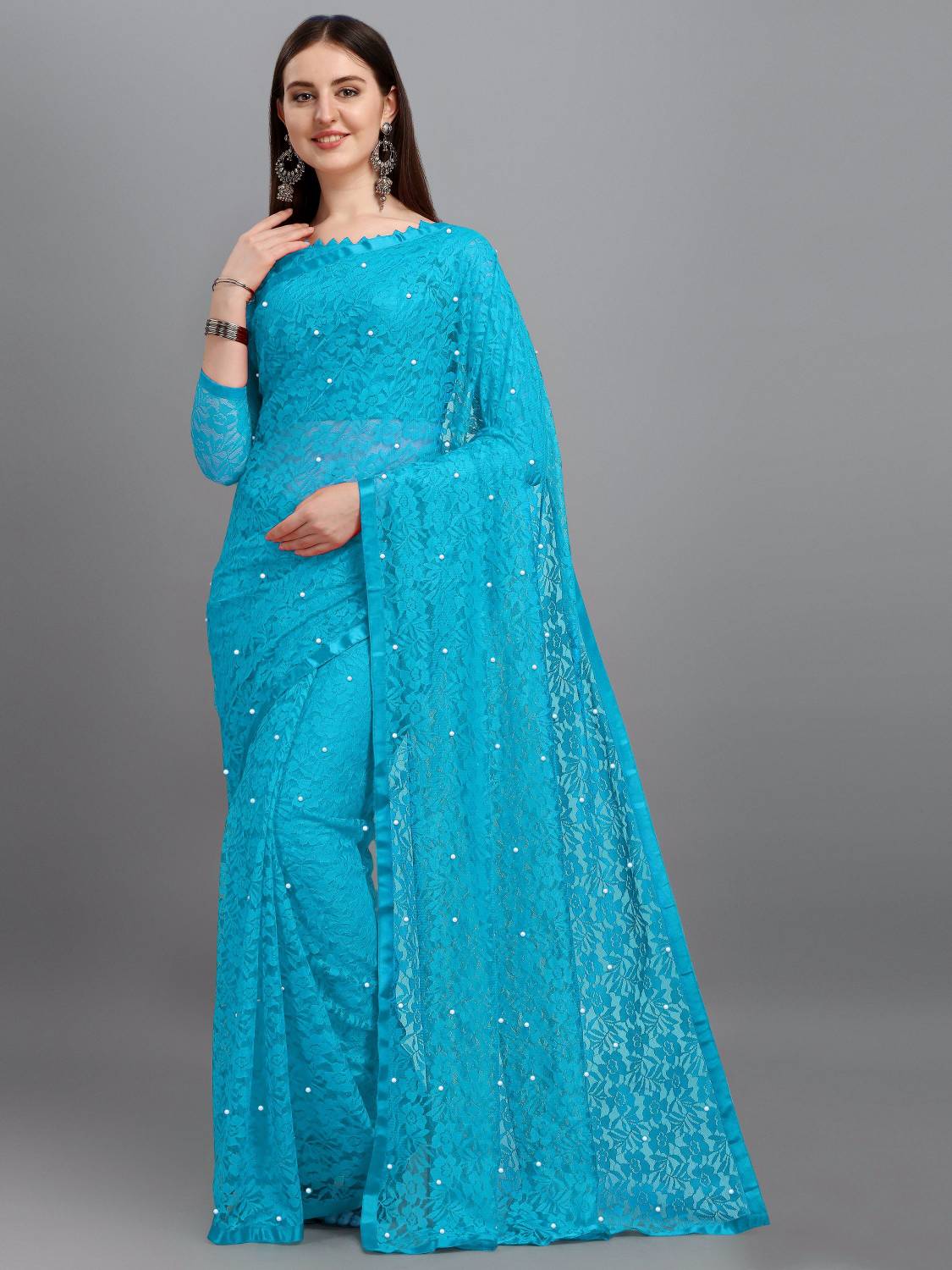 LOROFY Self Design Bollywood Net Saree (Blue)