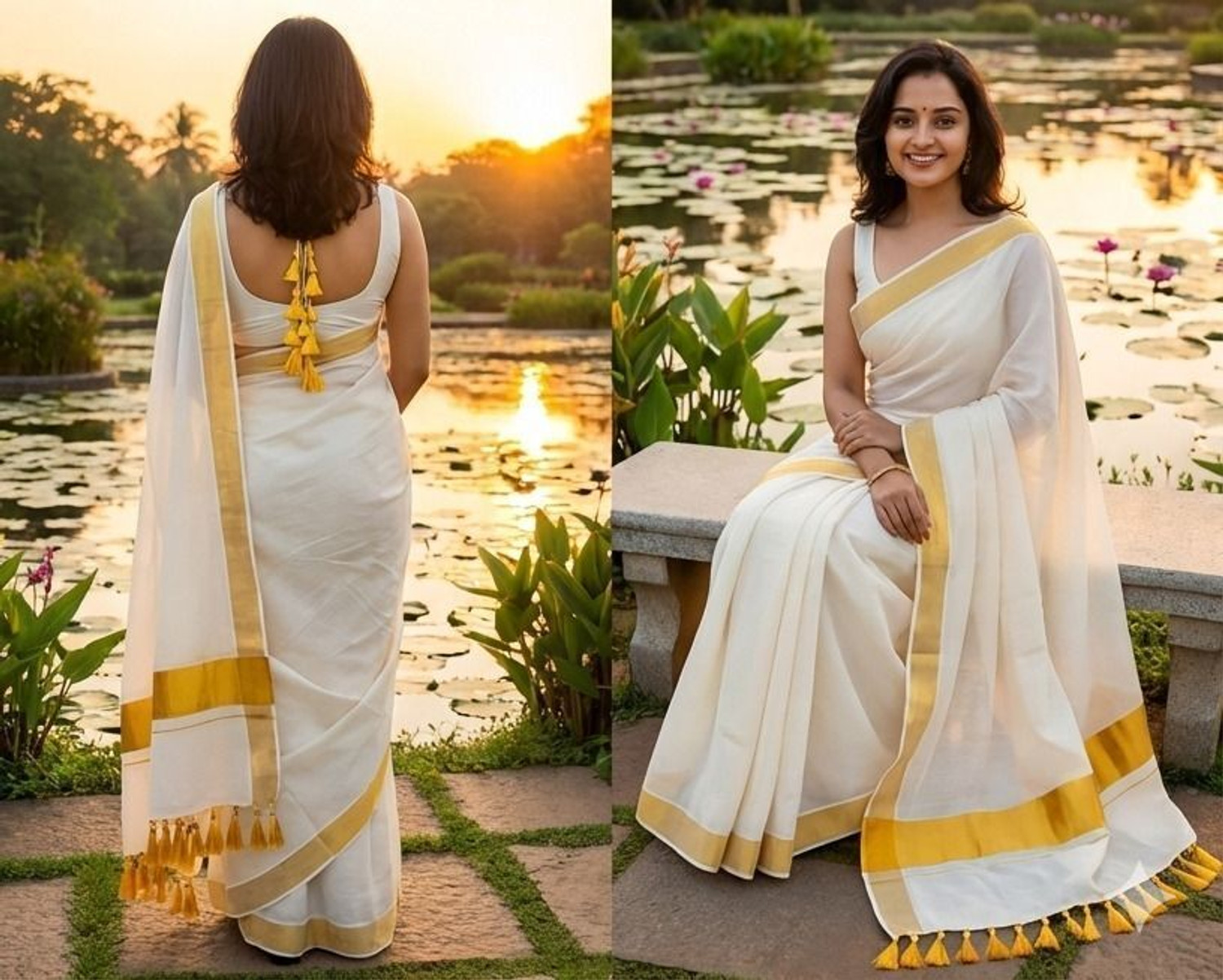 Image of Gugaliya Woven, Solid /Plain Kasavu Handloom Pure Cotton Saree