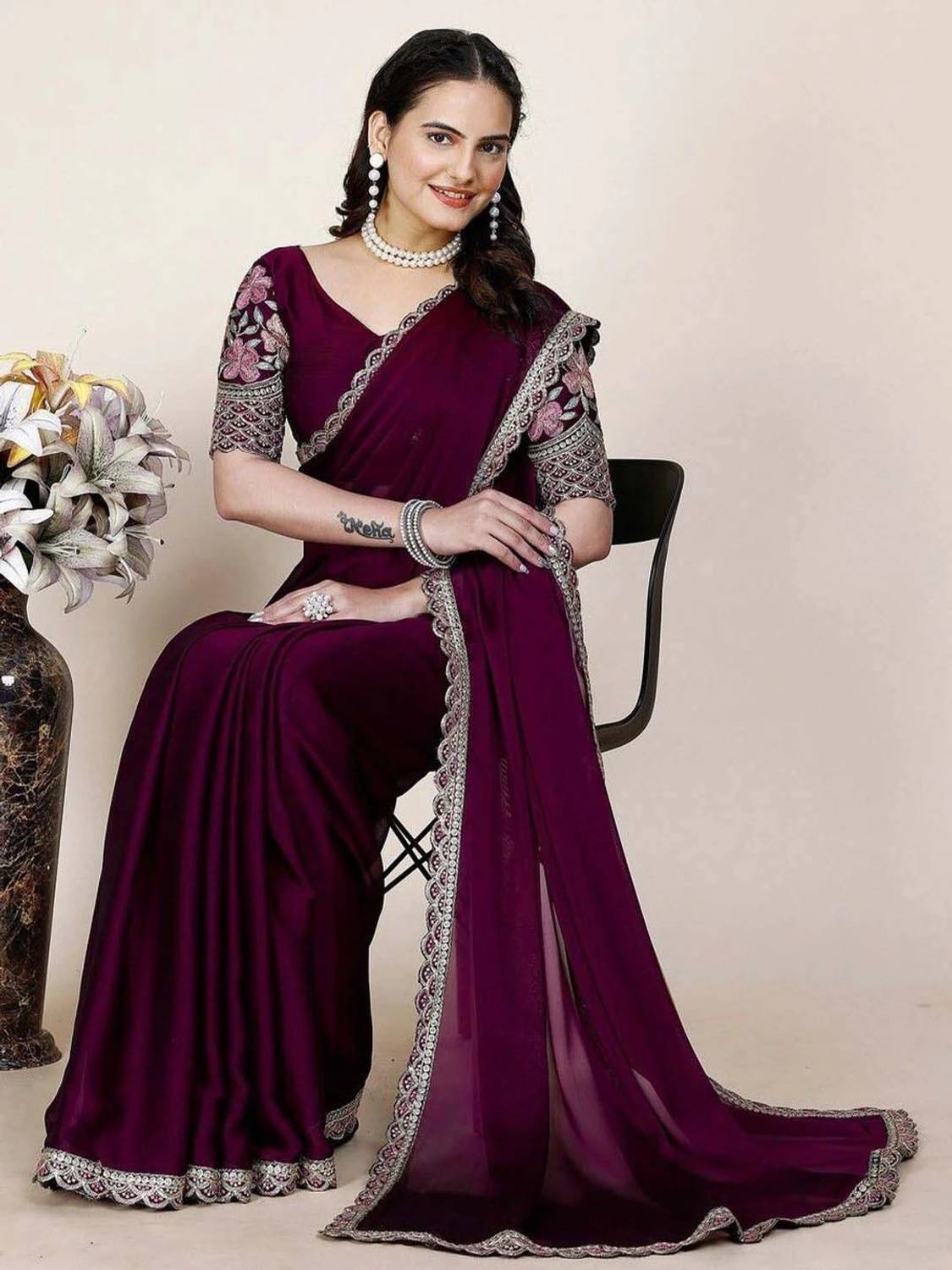 KalyaniTextile Embroidered Daily Wear Chiffon Saree