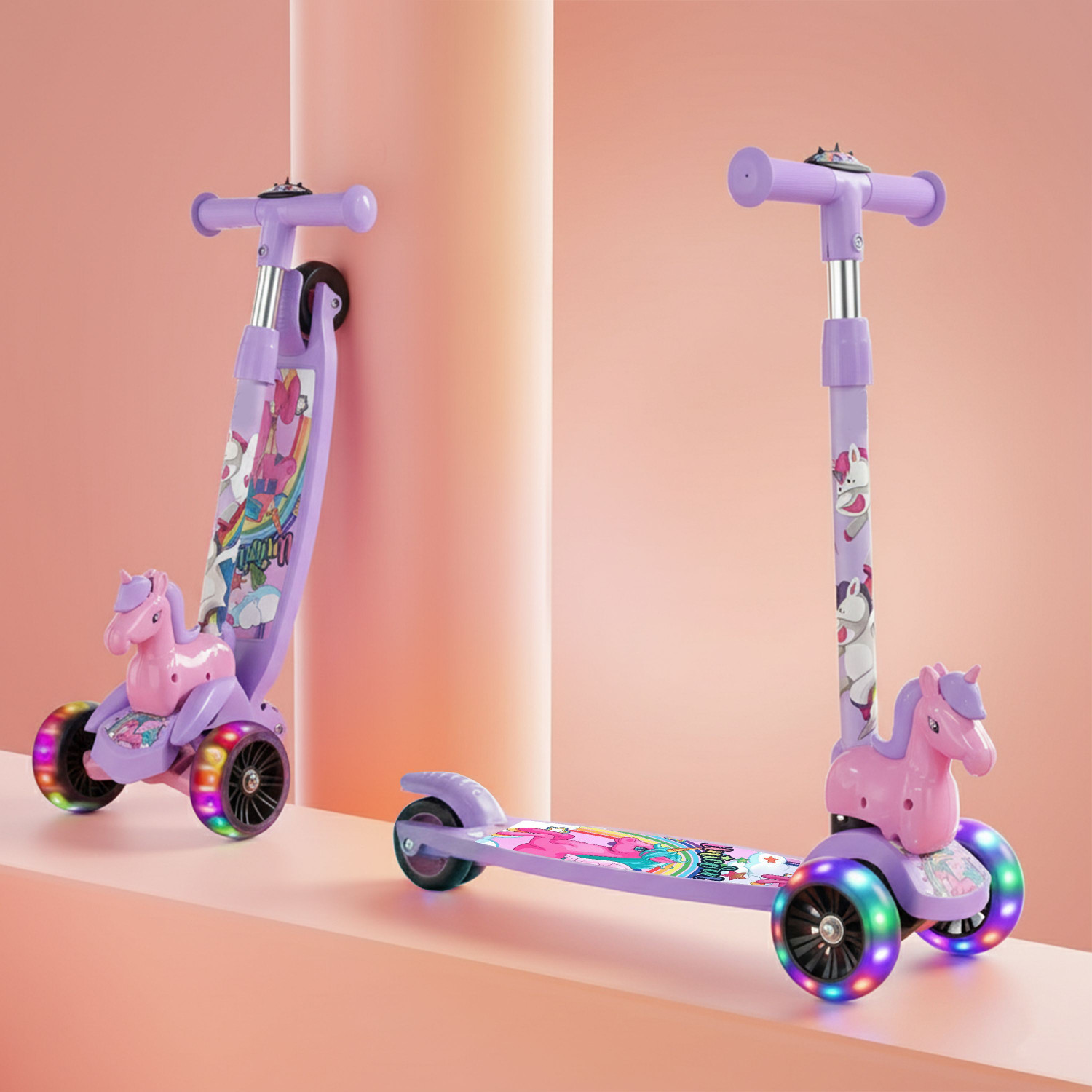 Image of Kidsmate Unicorn Kick Scooter Age 3-8 Yrs, 3-Level Adjustable Height, LED Wheels Kids Scooter